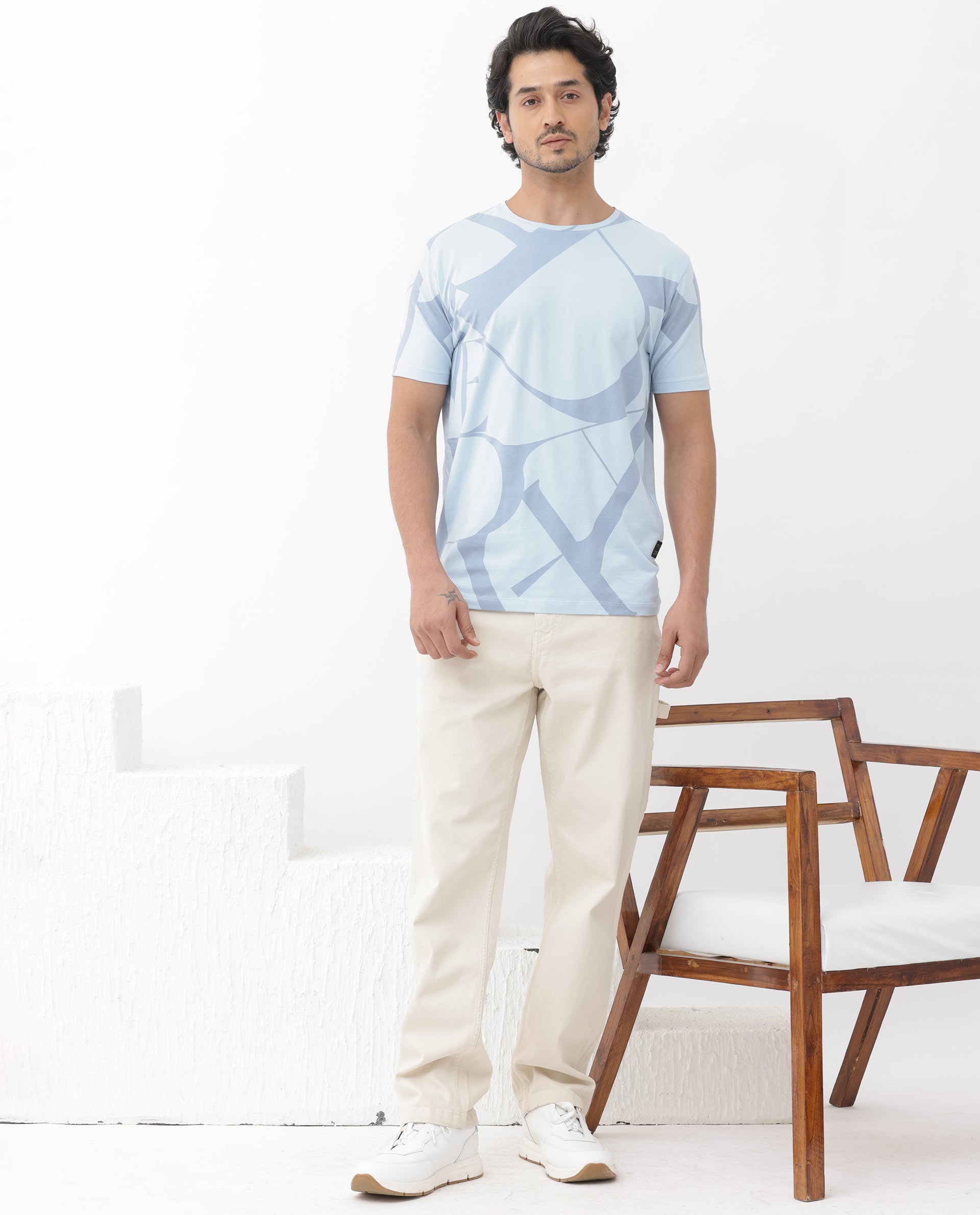 Rare Rabbit Articale Mens Drew Light Blue Cotton Lycra Fabric Short Sleeve Crew Neck Slim Fit Printed T-Shirt