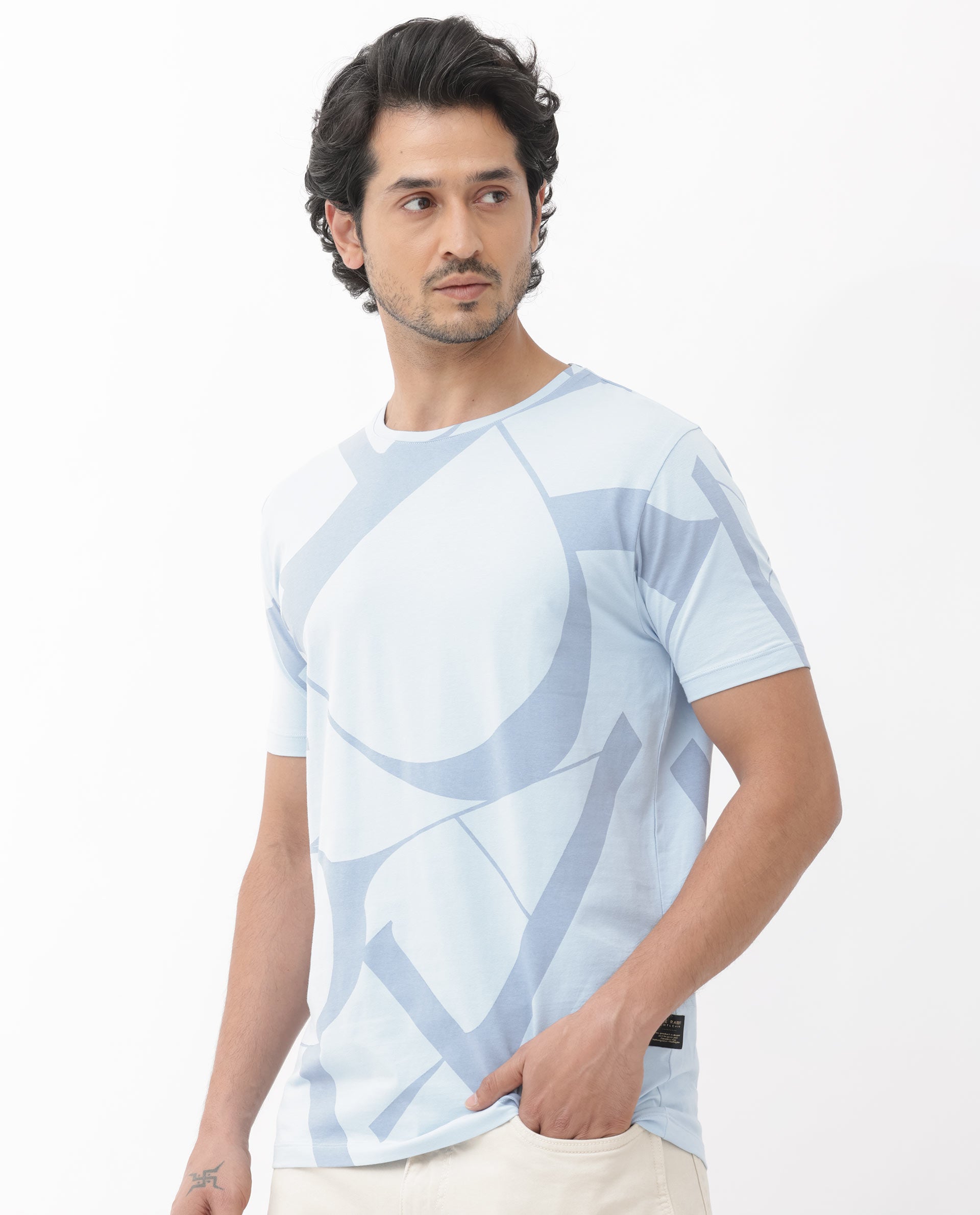 Rare Rabbit Articale Mens Drew Light Blue Cotton Lycra Fabric Short Sleeve Crew Neck Slim Fit Printed T-Shirt