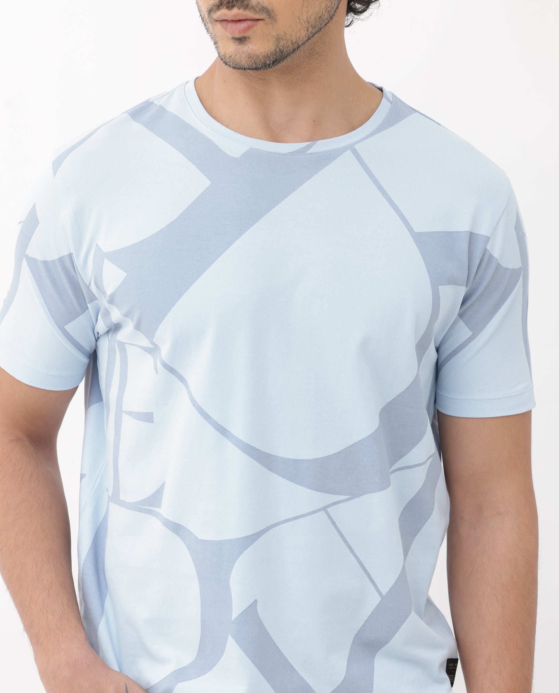 Rare Rabbit Articale Mens Drew Light Blue Cotton Lycra Fabric Short Sleeve Crew Neck Slim Fit Printed T-Shirt