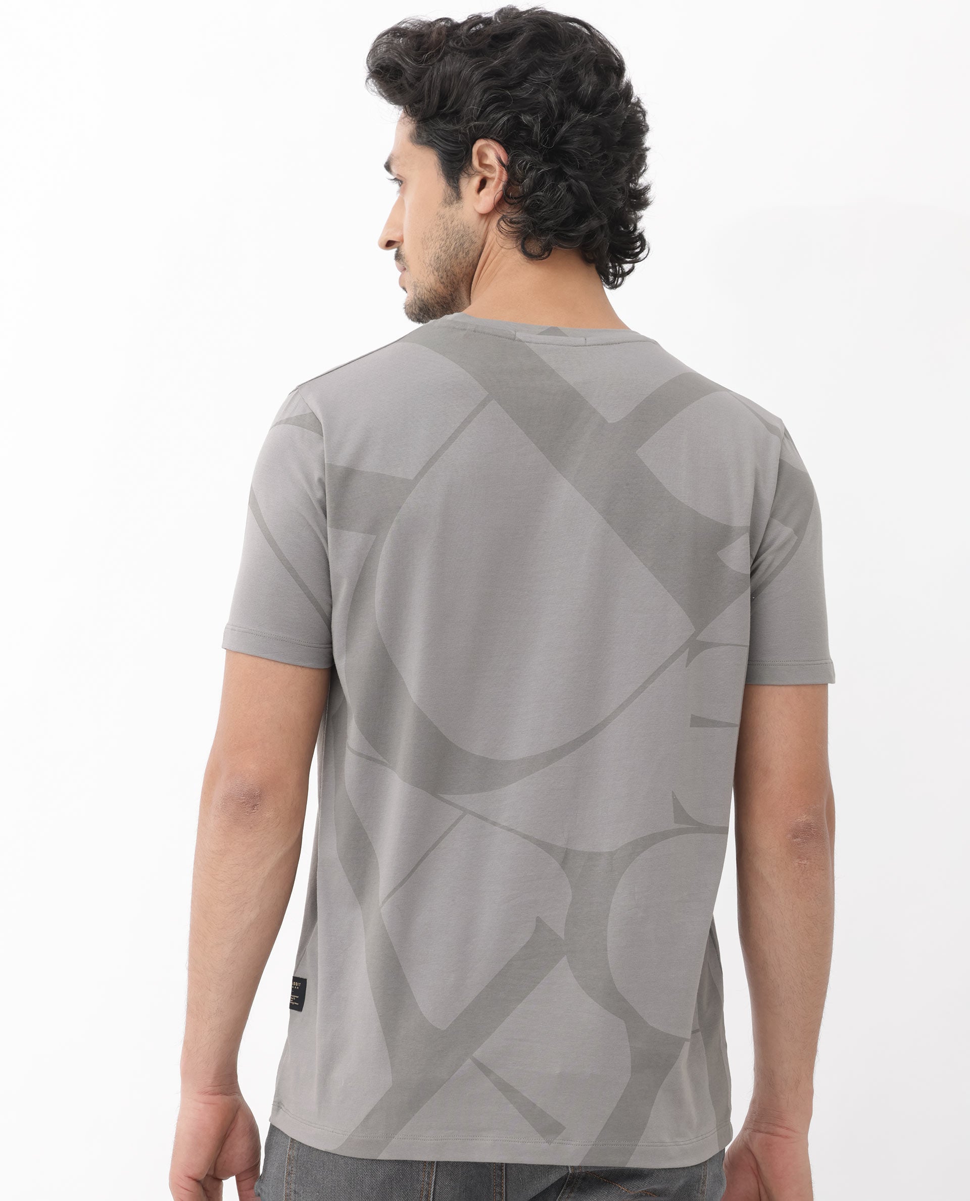 Rare Rabbit Articale Mens Drew Grey Cotton Lycra Fabric Short Sleeve Crew Neck Slim Fit Printed T-Shirt