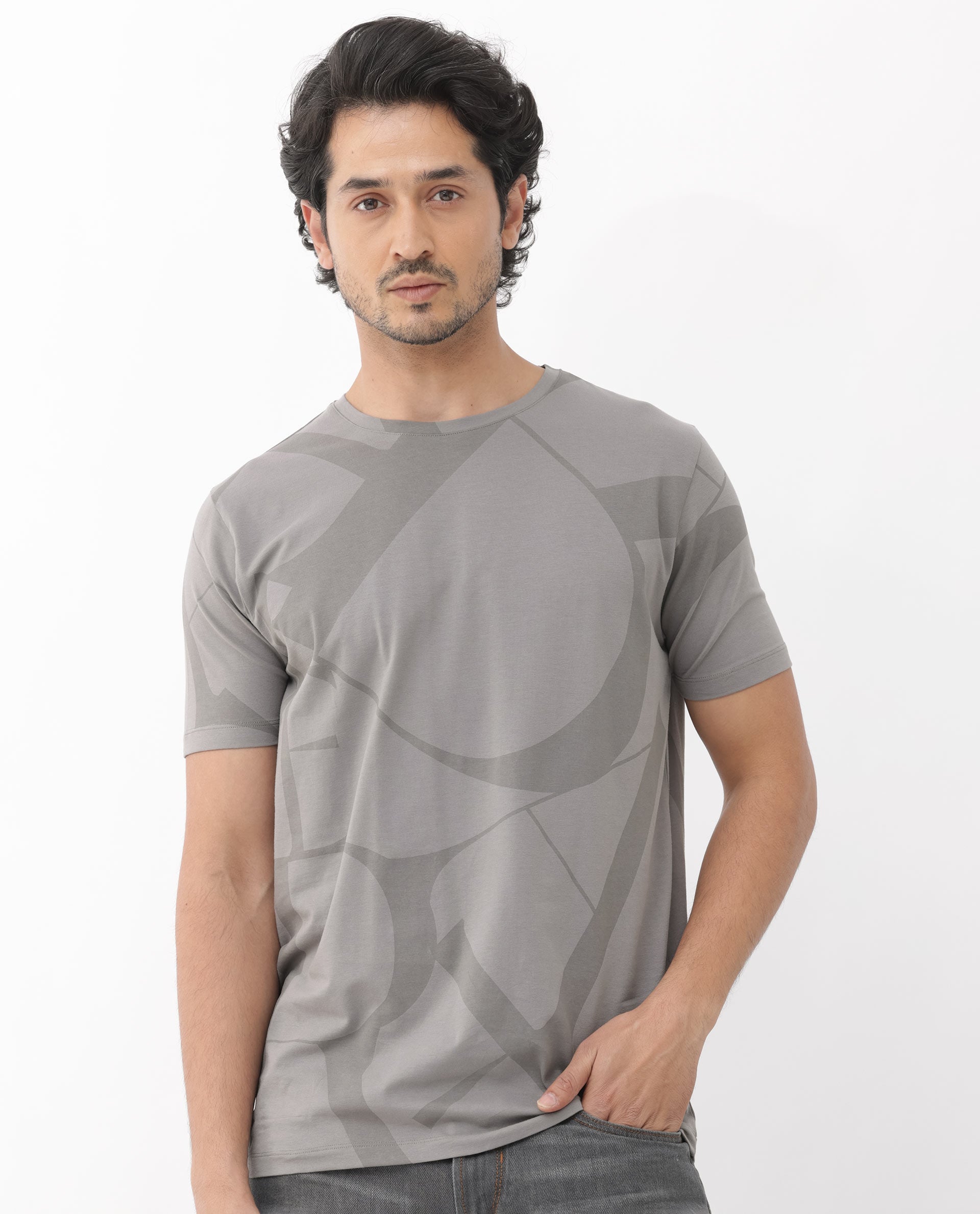 Rare Rabbit Articale Mens Drew Grey Cotton Lycra Fabric Short Sleeve Crew Neck Slim Fit Printed T-Shirt
