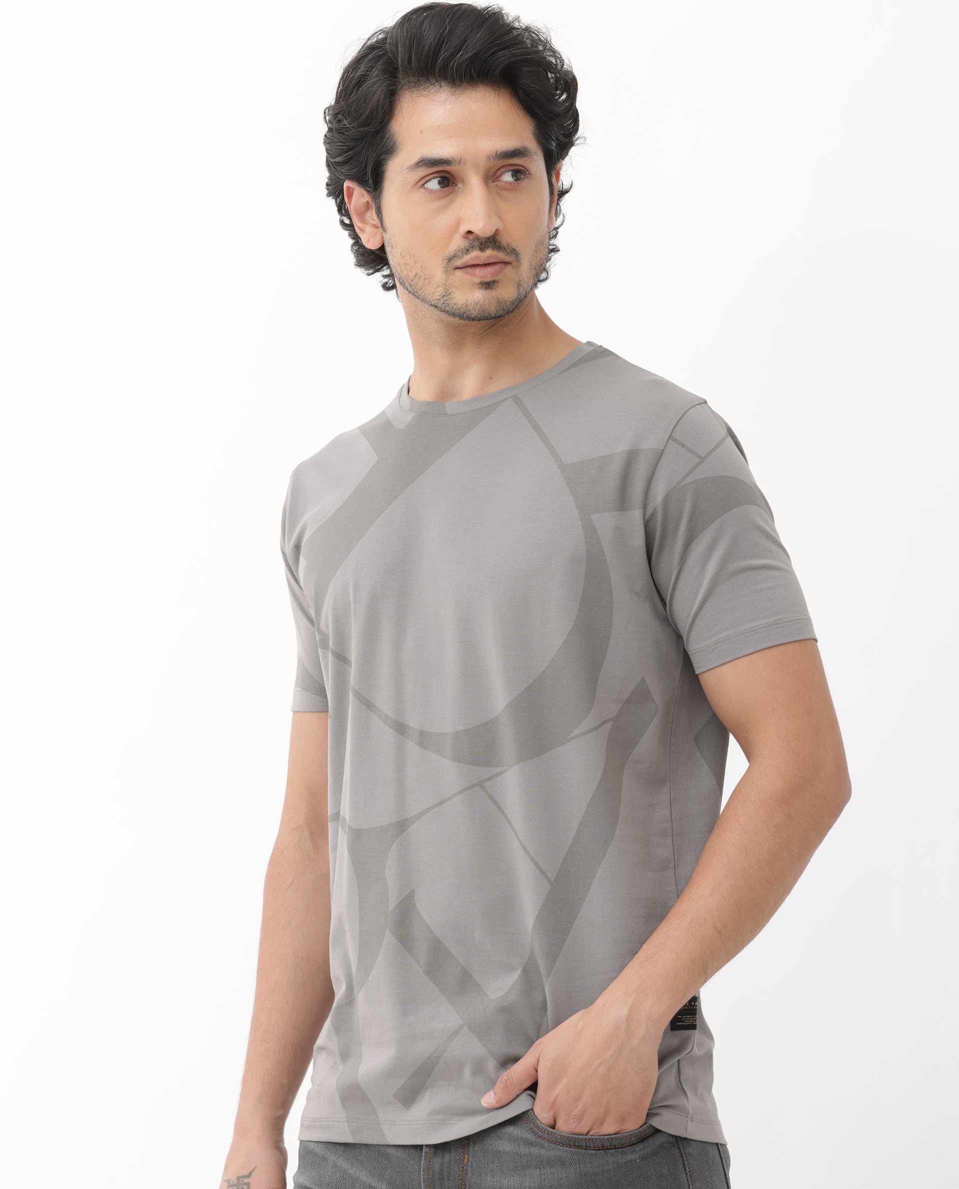 Rare Rabbit Articale Mens Drew Grey Cotton Lycra Fabric Short Sleeve Crew Neck Slim Fit Printed T-Shirt
