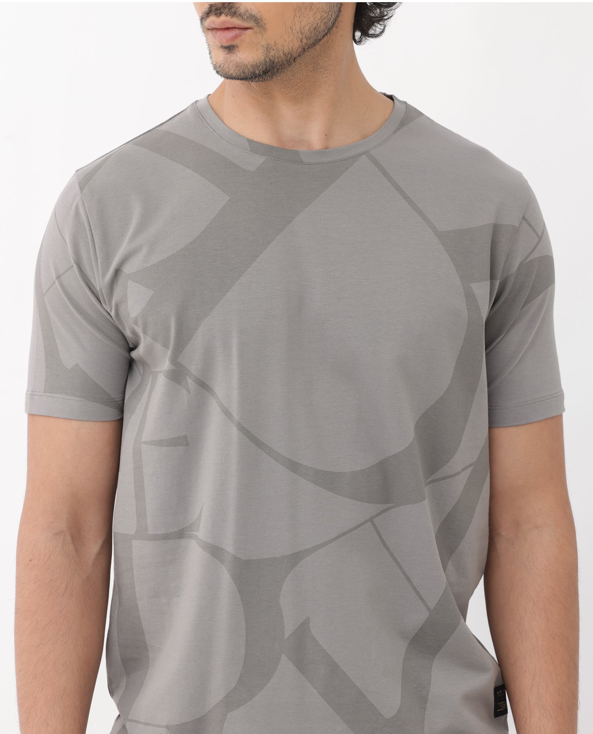 Rare Rabbit Articale Mens Drew Grey Cotton Lycra Fabric Short Sleeve Crew Neck Slim Fit Printed T-Shirt