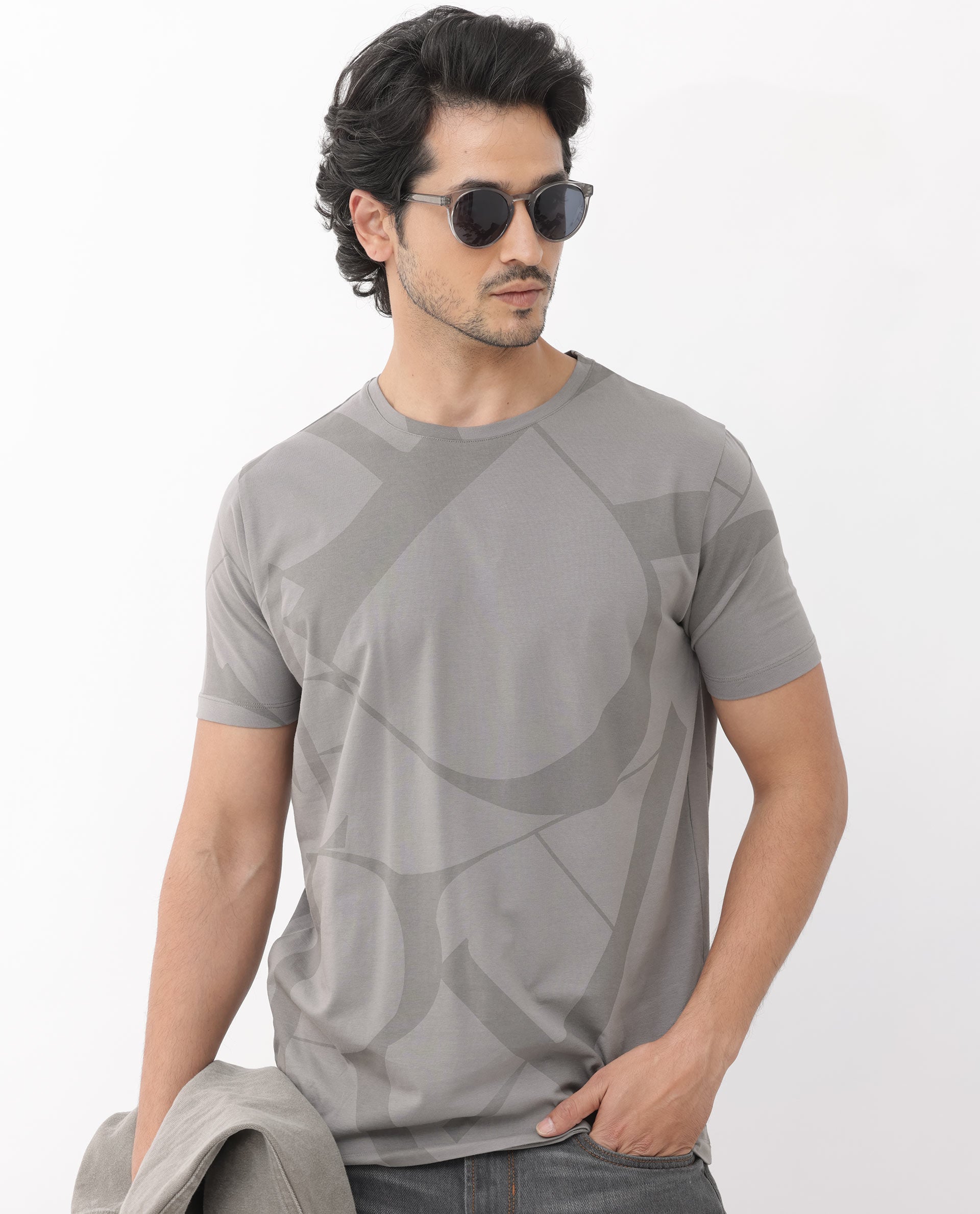 Rare Rabbit Articale Mens Drew Grey Cotton Lycra Fabric Short Sleeve Crew Neck Slim Fit Printed T-Shirt