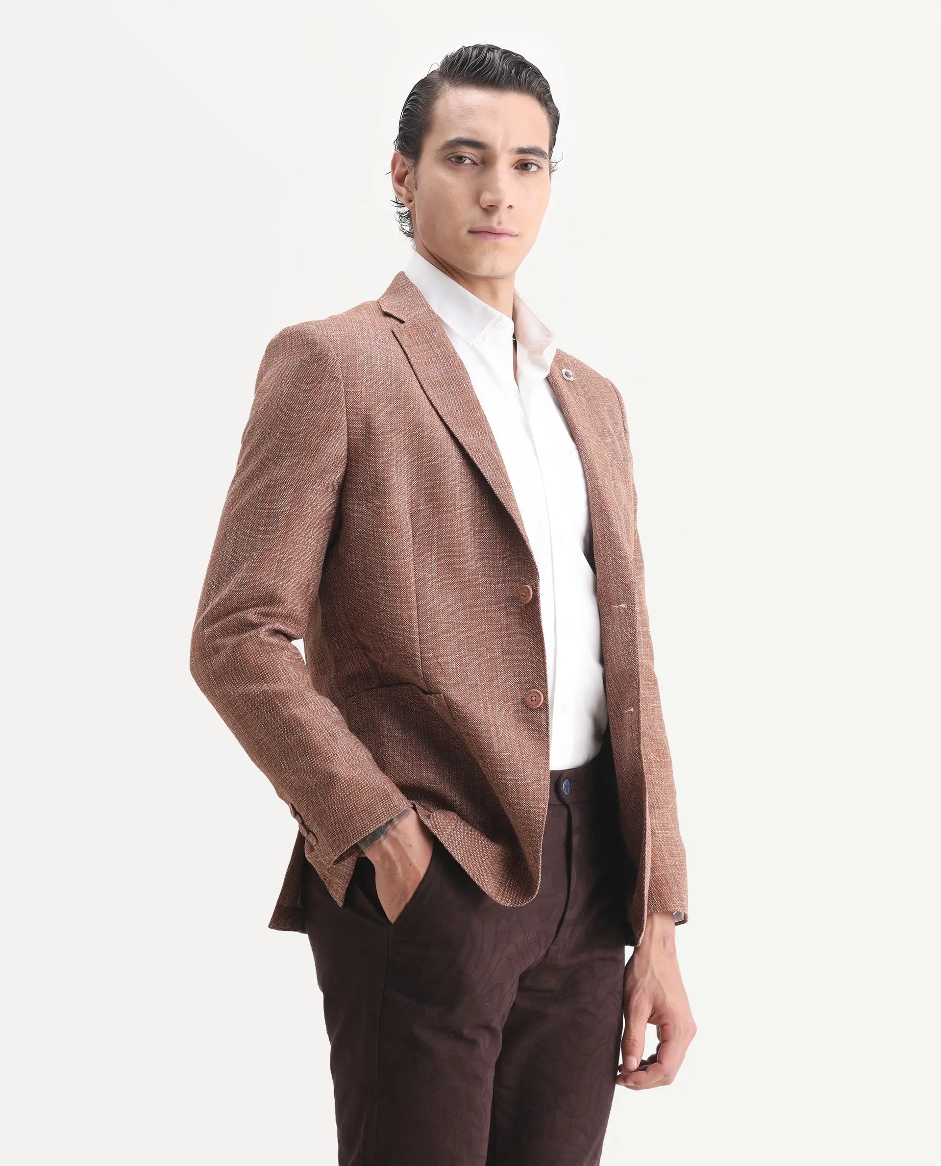 Rare Rabbit Men's Drew Brown Polyester Plain Tailored Fit Full Sleeve Lapel Neck Blazer
