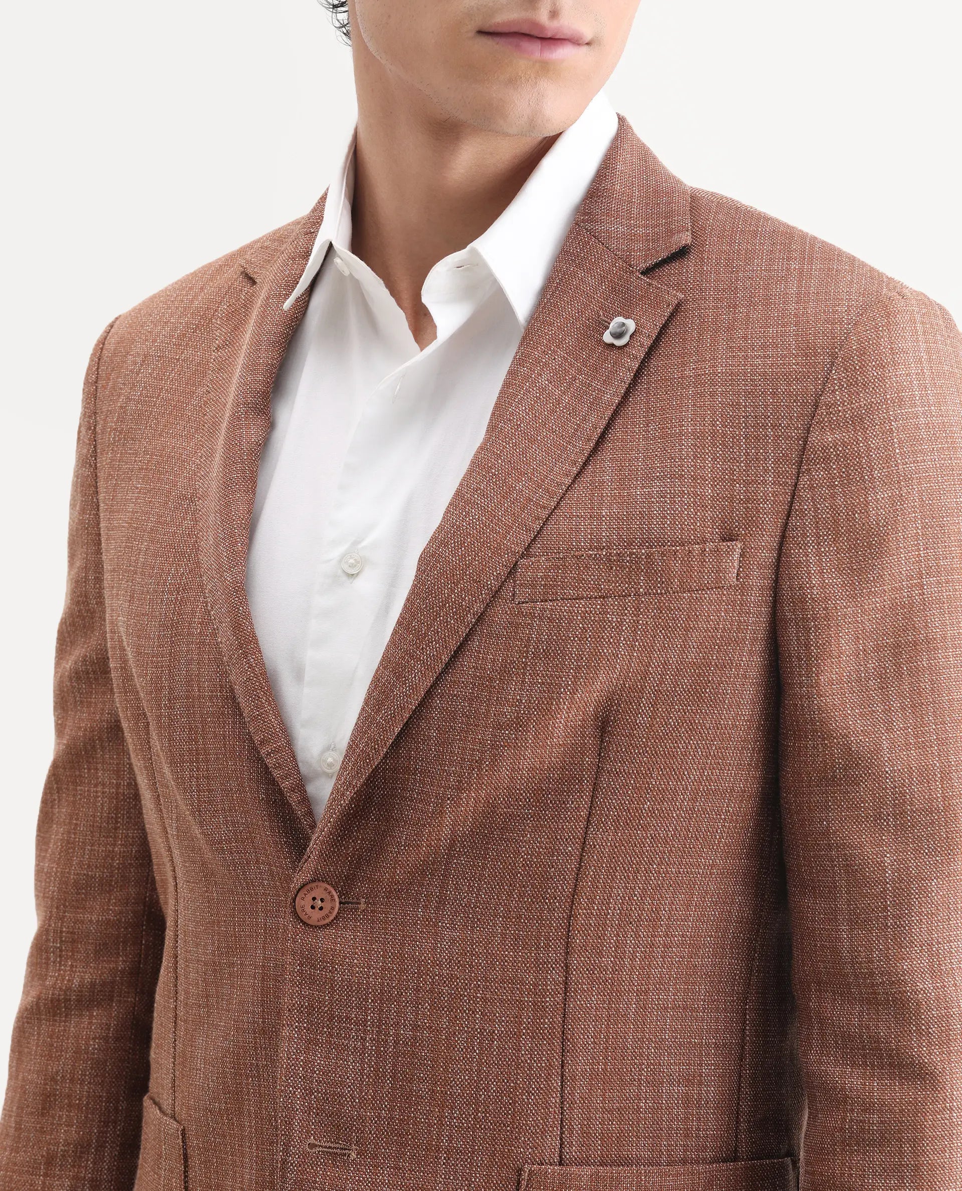 Rare Rabbit Men's Drew Brown Polyester Plain Tailored Fit Full Sleeve Lapel Neck Blazer