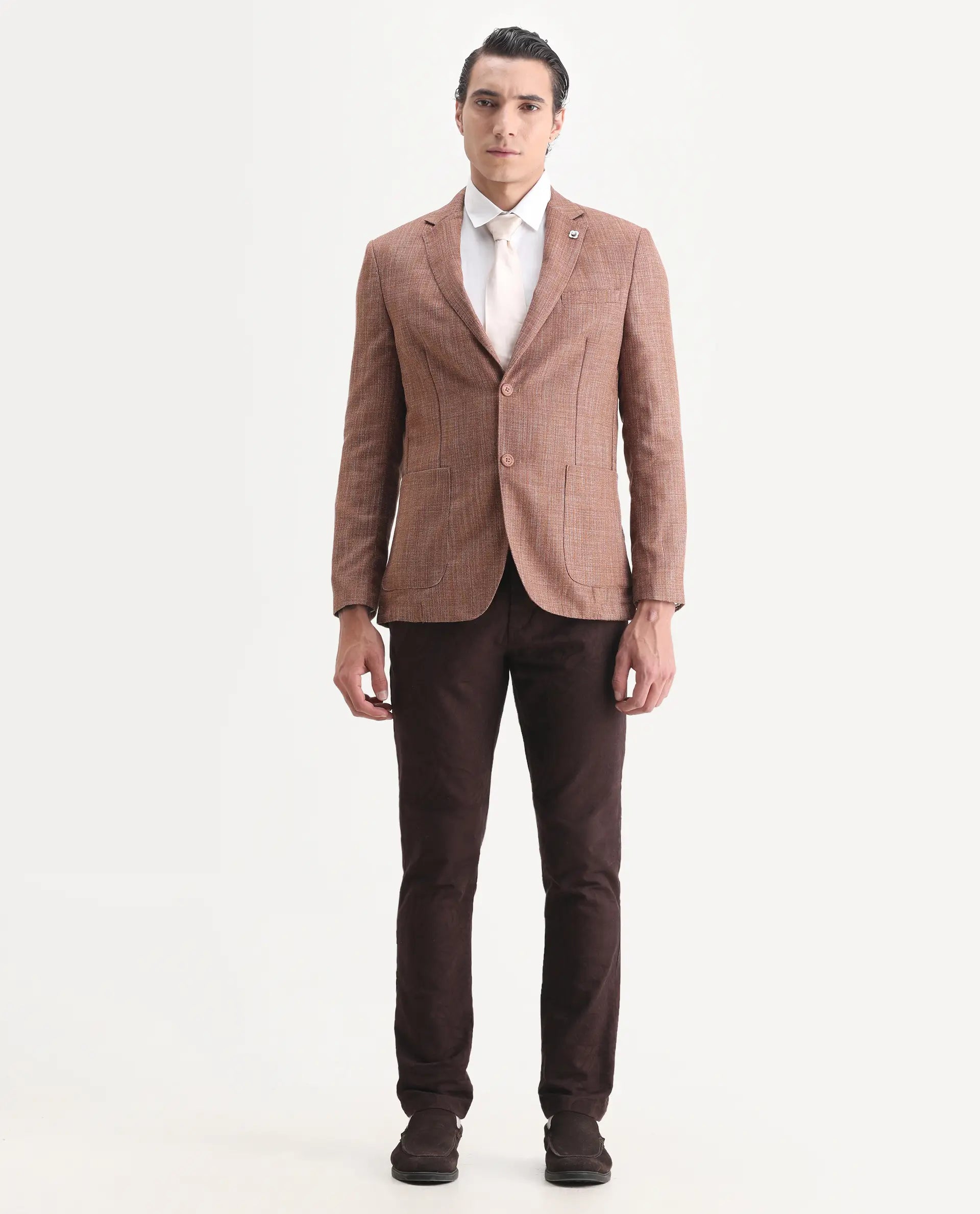 Rare Rabbit Men's Drew Brown Polyester Plain Tailored Fit Full Sleeve Lapel Neck Blazer