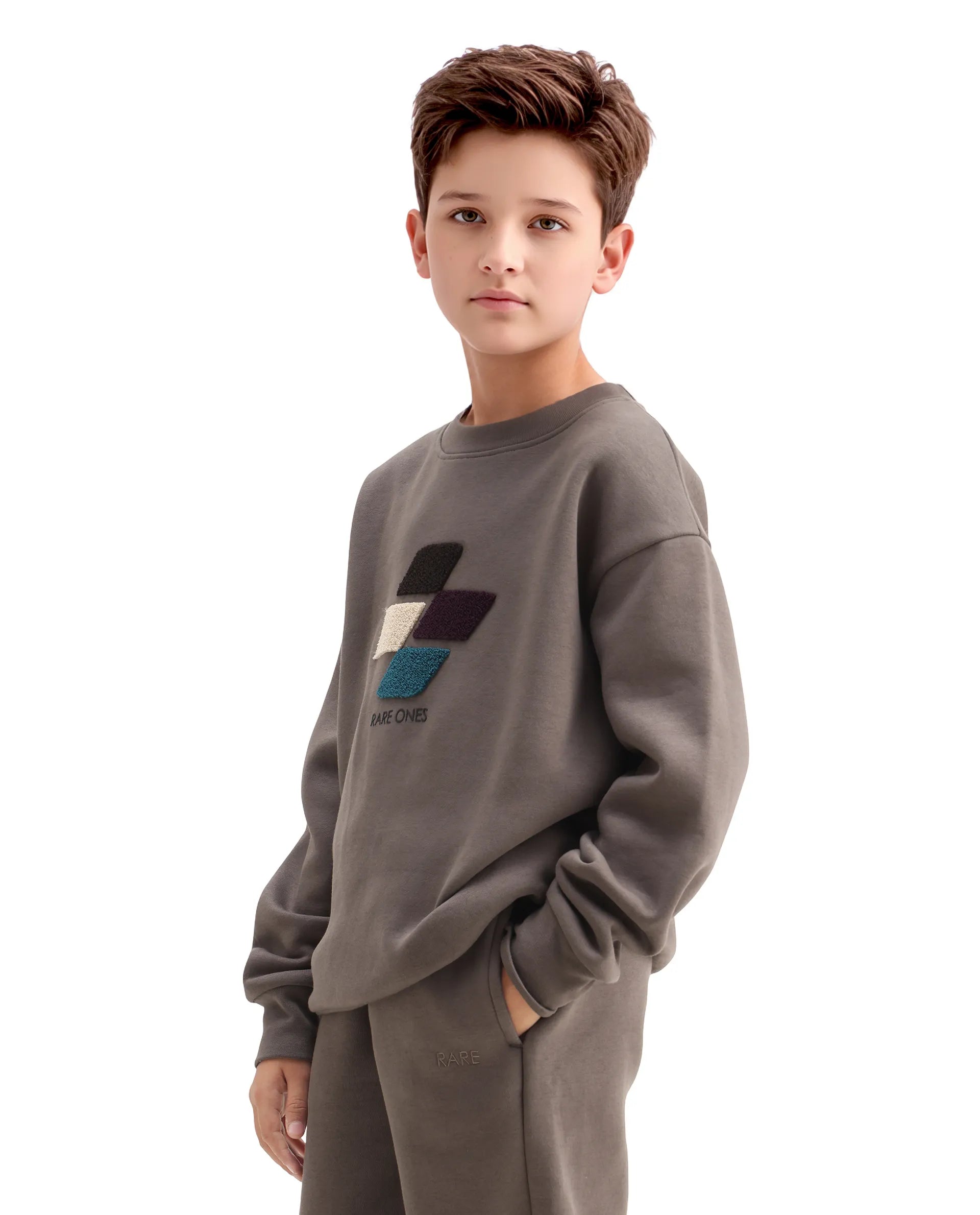 Rare Ones Kids Drew Light Grey Cotton Blend Embroidered Oversized Sweatshirt