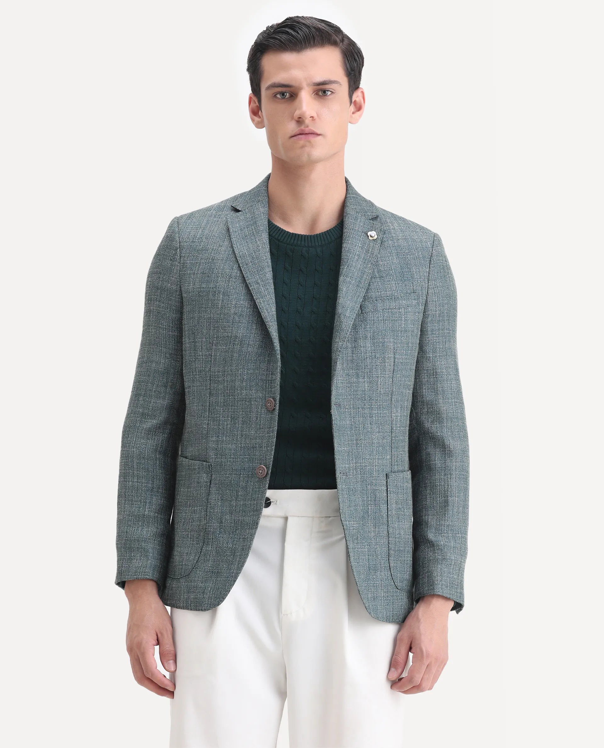 Rare Rabbit Men's Drew Olive Polyester Plain Tailored Fit Full Sleeve Lapel Neck Blazer