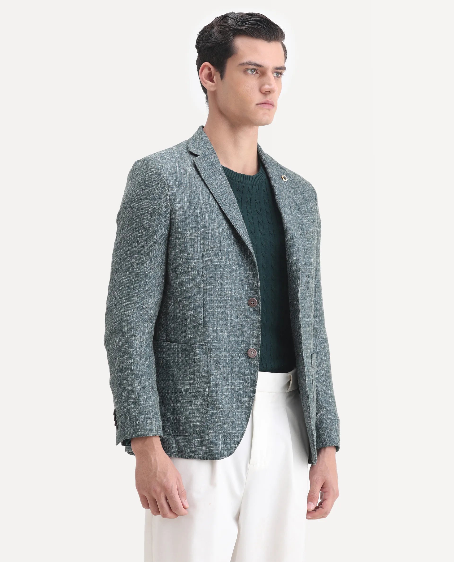 Rare Rabbit Men's Drew Olive Polyester Plain Tailored Fit Full Sleeve Lapel Neck Blazer