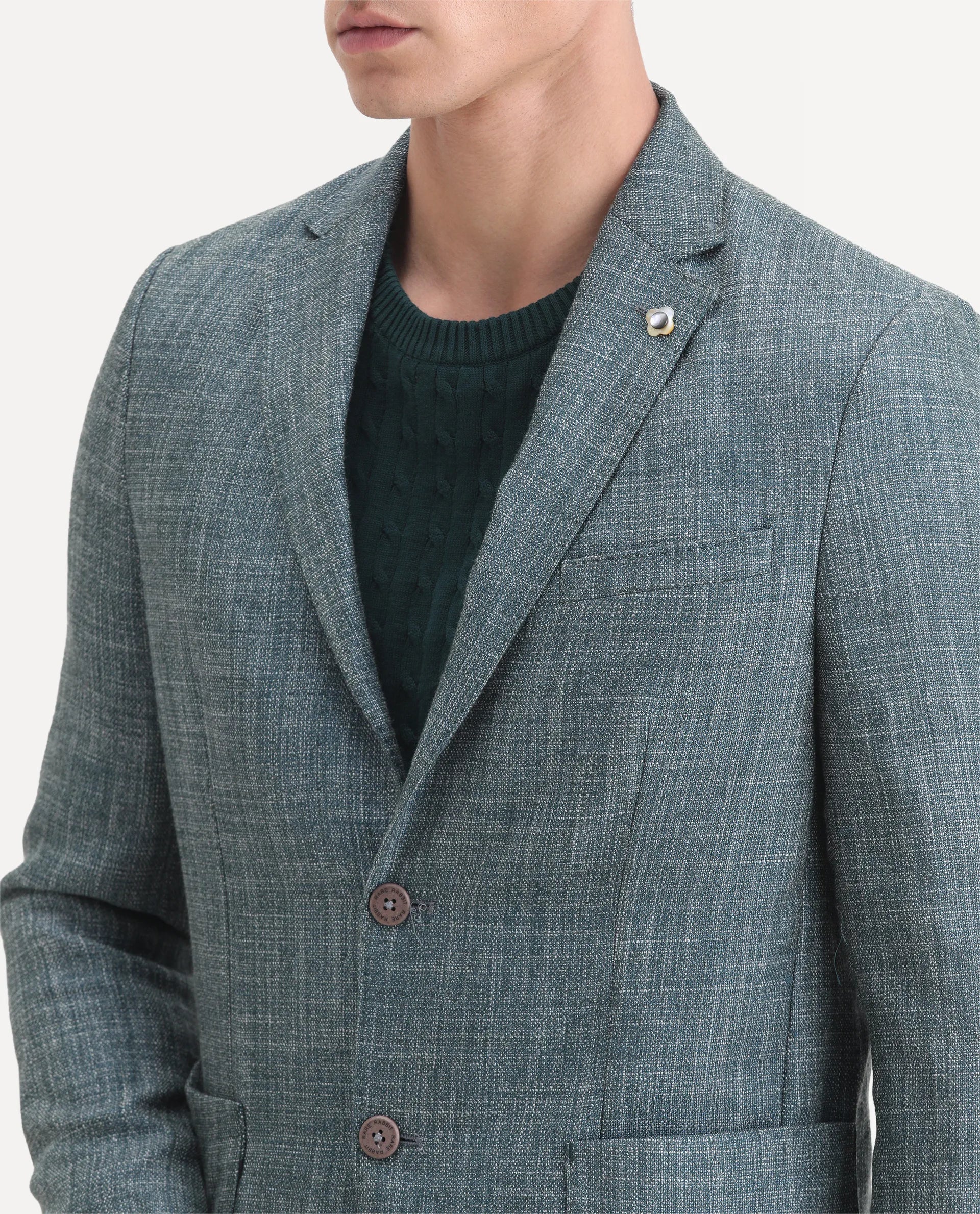 Rare Rabbit Men's Drew Olive Polyester Plain Tailored Fit Full Sleeve Lapel Neck Blazer