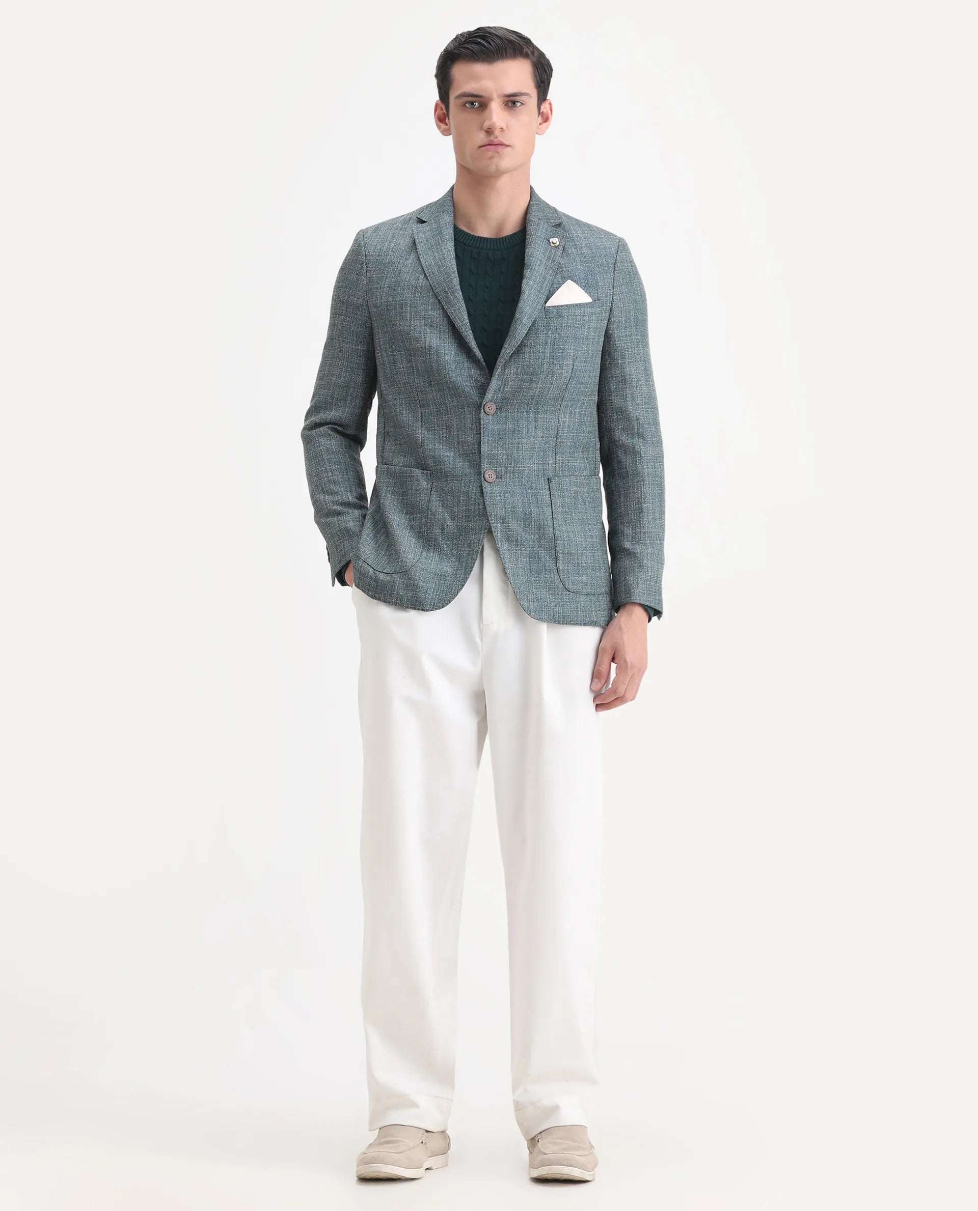 Rare Rabbit Men's Drew Olive Polyester Plain Tailored Fit Full Sleeve Lapel Neck Blazer