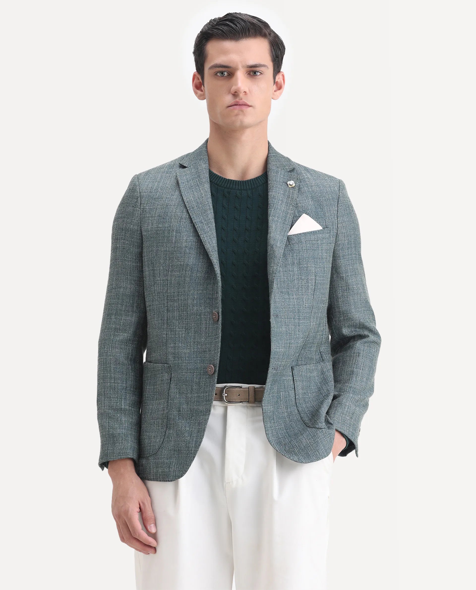 Rare Rabbit Men's Drew Olive Polyester Plain Tailored Fit Full Sleeve Lapel Neck Blazer