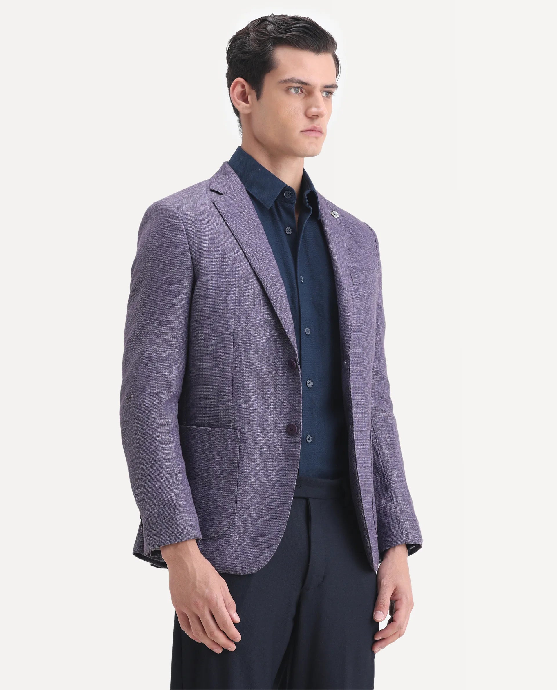 Rare Rabbit Men's Drew Purple Polyester Plain Tailored Fit Full Sleeve Lapel Neck Blazer