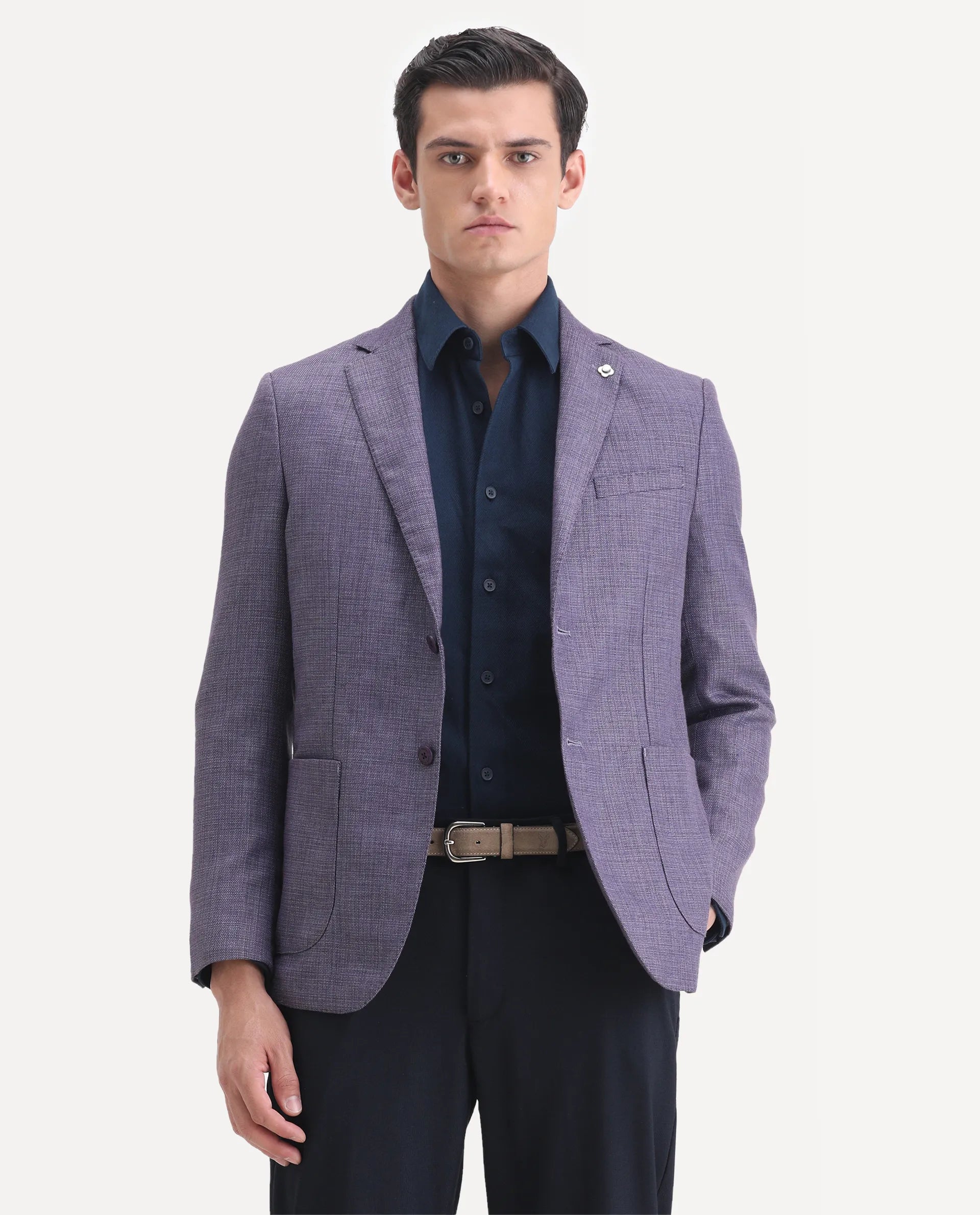 Rare Rabbit Men's Drew Purple Polyester Plain Tailored Fit Full Sleeve Lapel Neck Blazer