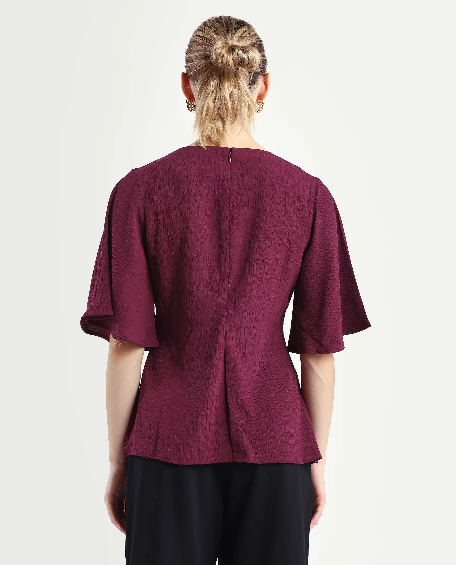 Rareism Women's Drib Dark Red Polyester Crew Neck Plain Bell Sleeve Regular Fit Top