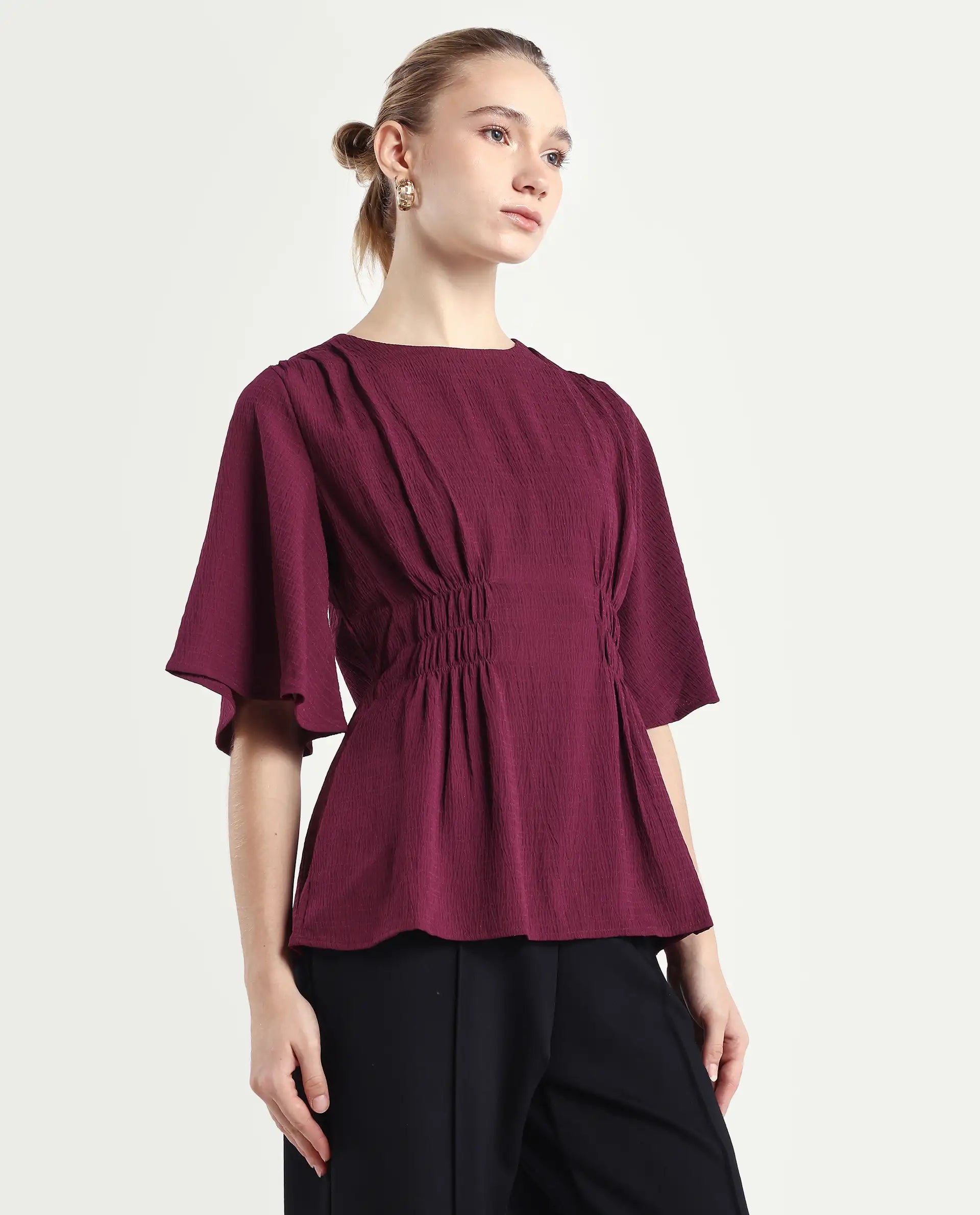 Rareism Women's Drib Dark Red Polyester Crew Neck Plain Bell Sleeve Regular Fit Top