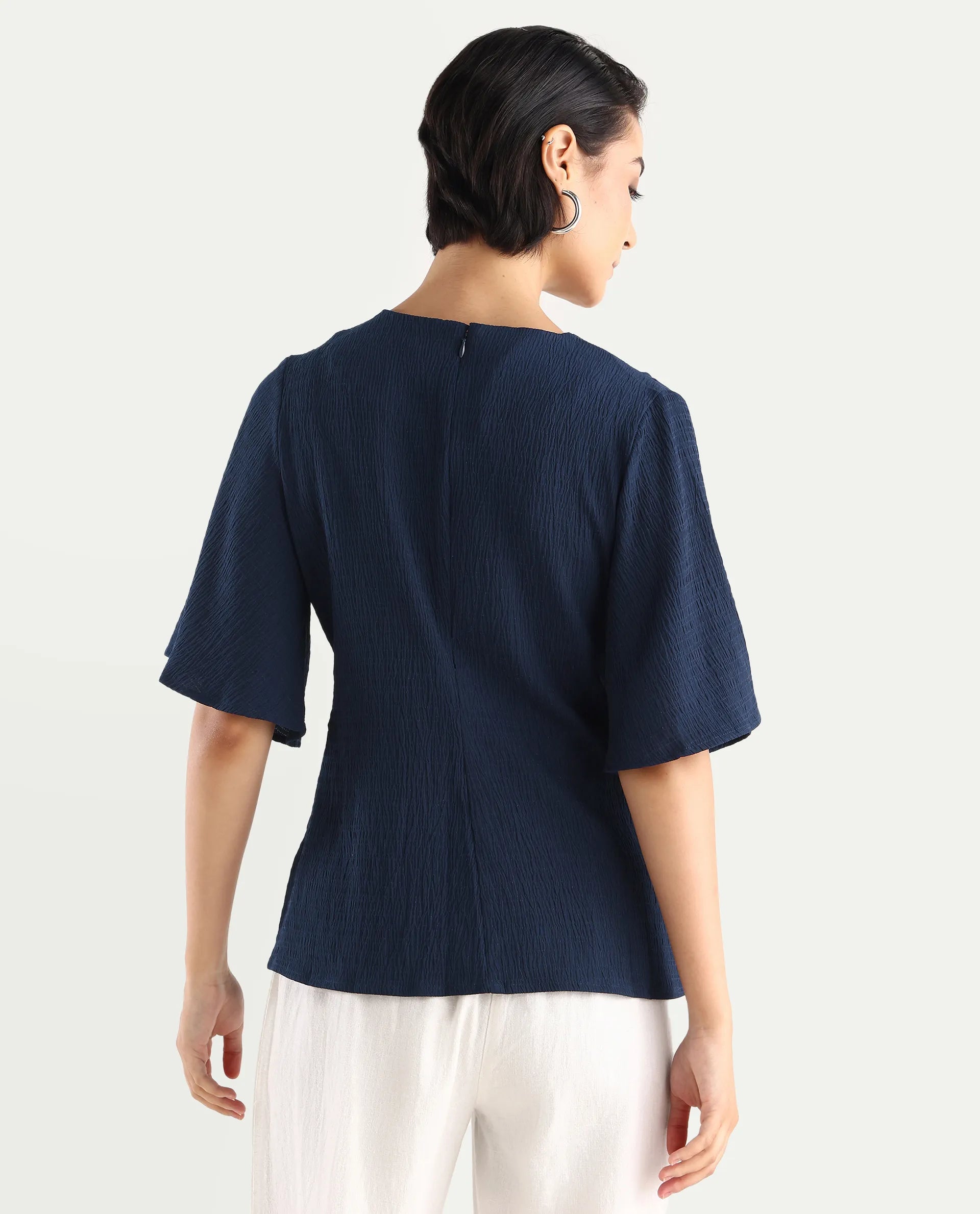 Rareism Women's Dring Navy Polyester Crew Neck Plain Bell Sleeve Regular Fit Top