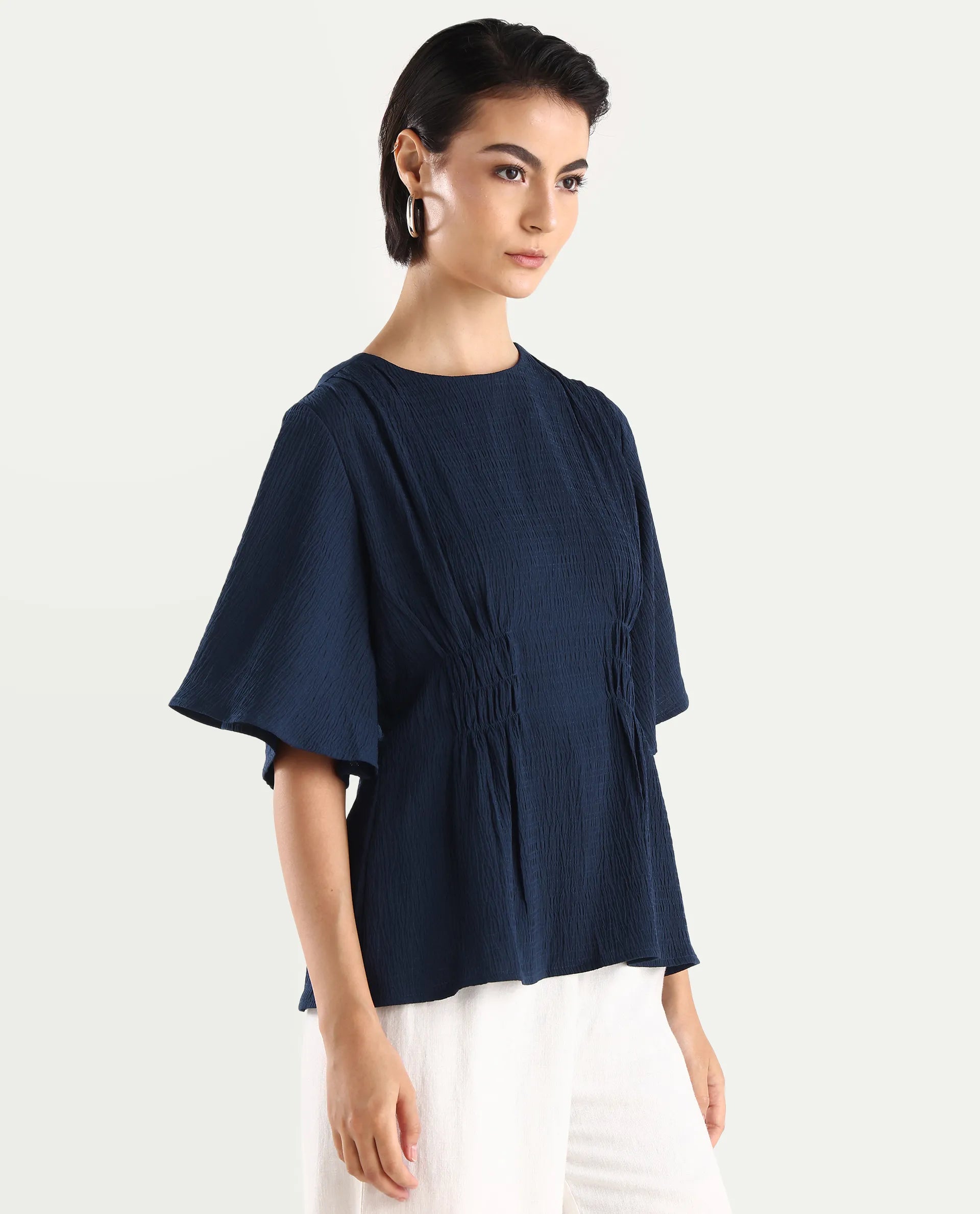 Rareism Women's Dring Navy Polyester Crew Neck Plain Bell Sleeve Regular Fit Top