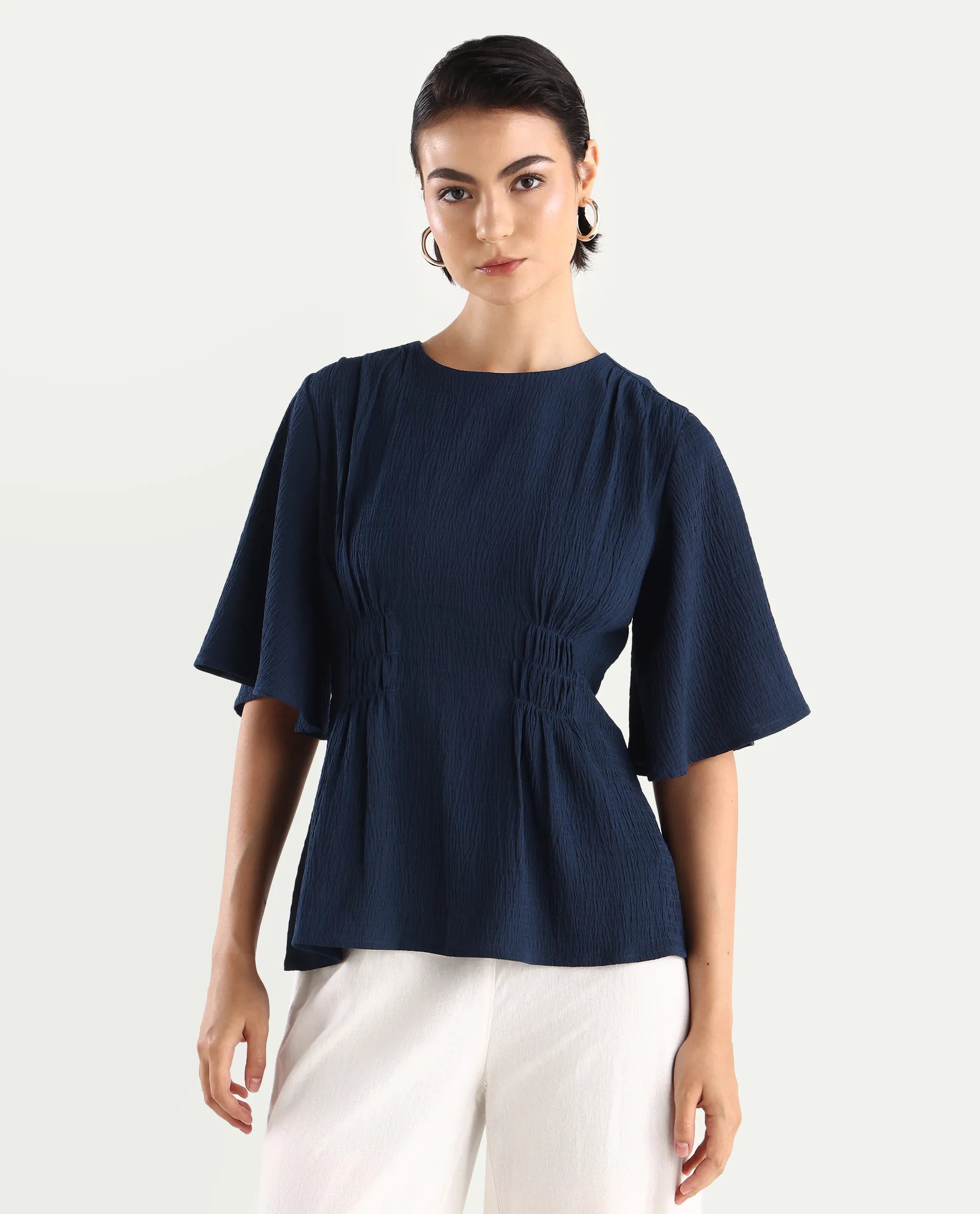 Rareism Women's Dring Navy Polyester Crew Neck Plain Bell Sleeve Regular Fit Top