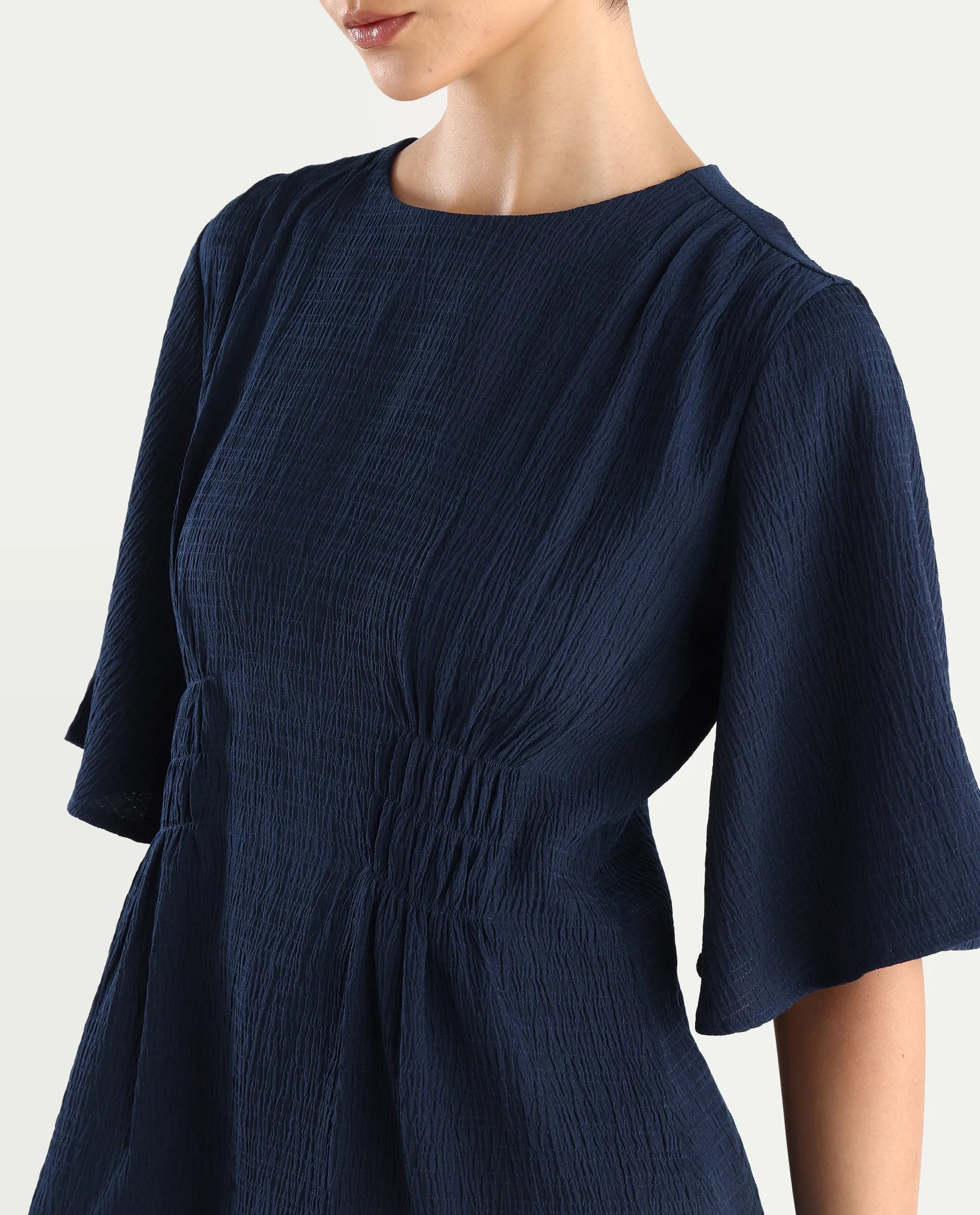 Rareism Women's Dring Navy Polyester Crew Neck Plain Bell Sleeve Regular Fit Top