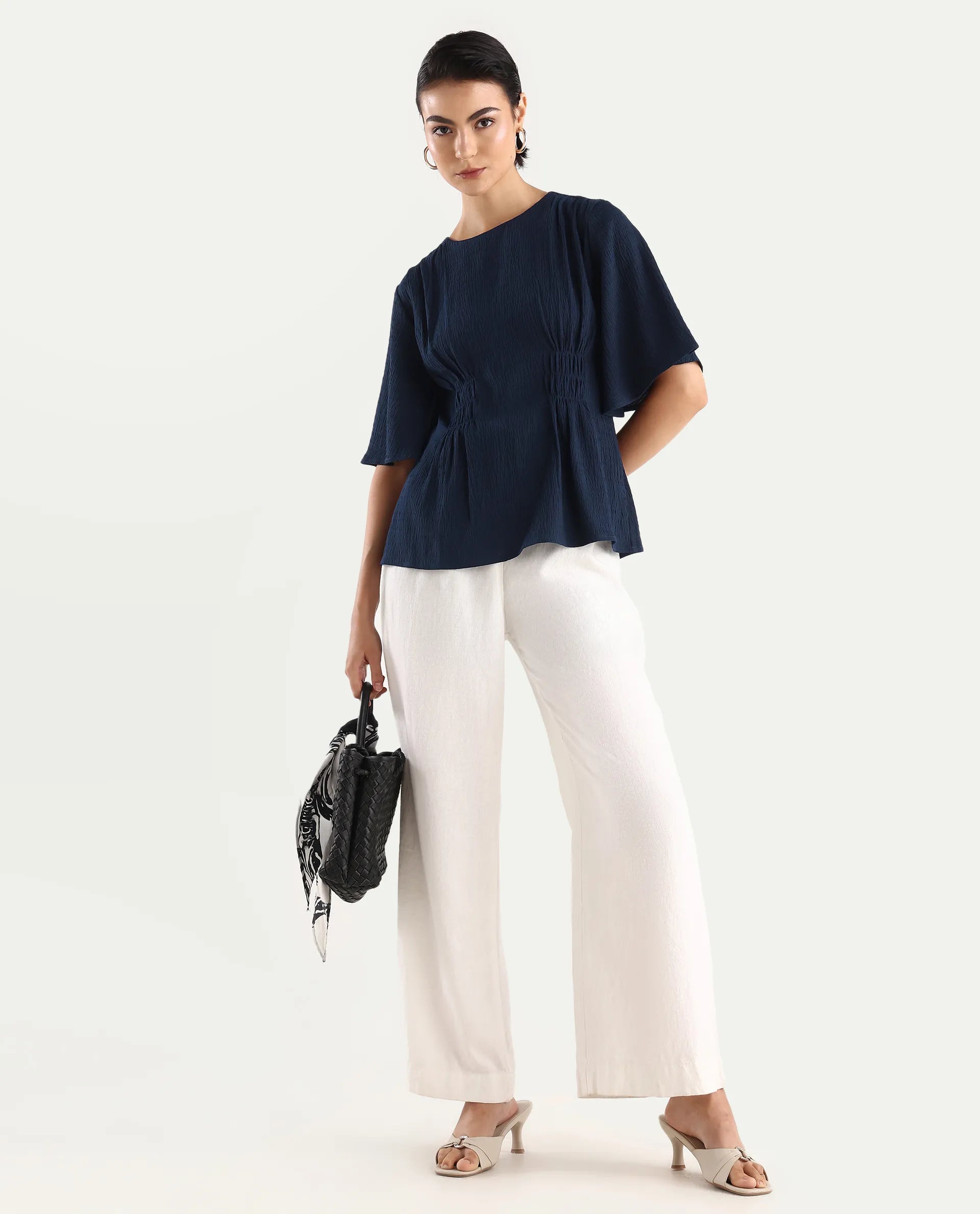 Rareism Women's Dring Navy Polyester Crew Neck Plain Bell Sleeve Regular Fit Top