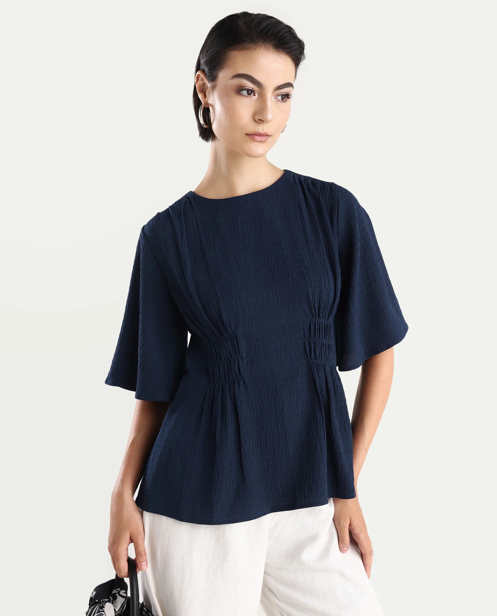 Rareism Women's Dring Navy Polyester Crew Neck Plain Bell Sleeve Regular Fit Top