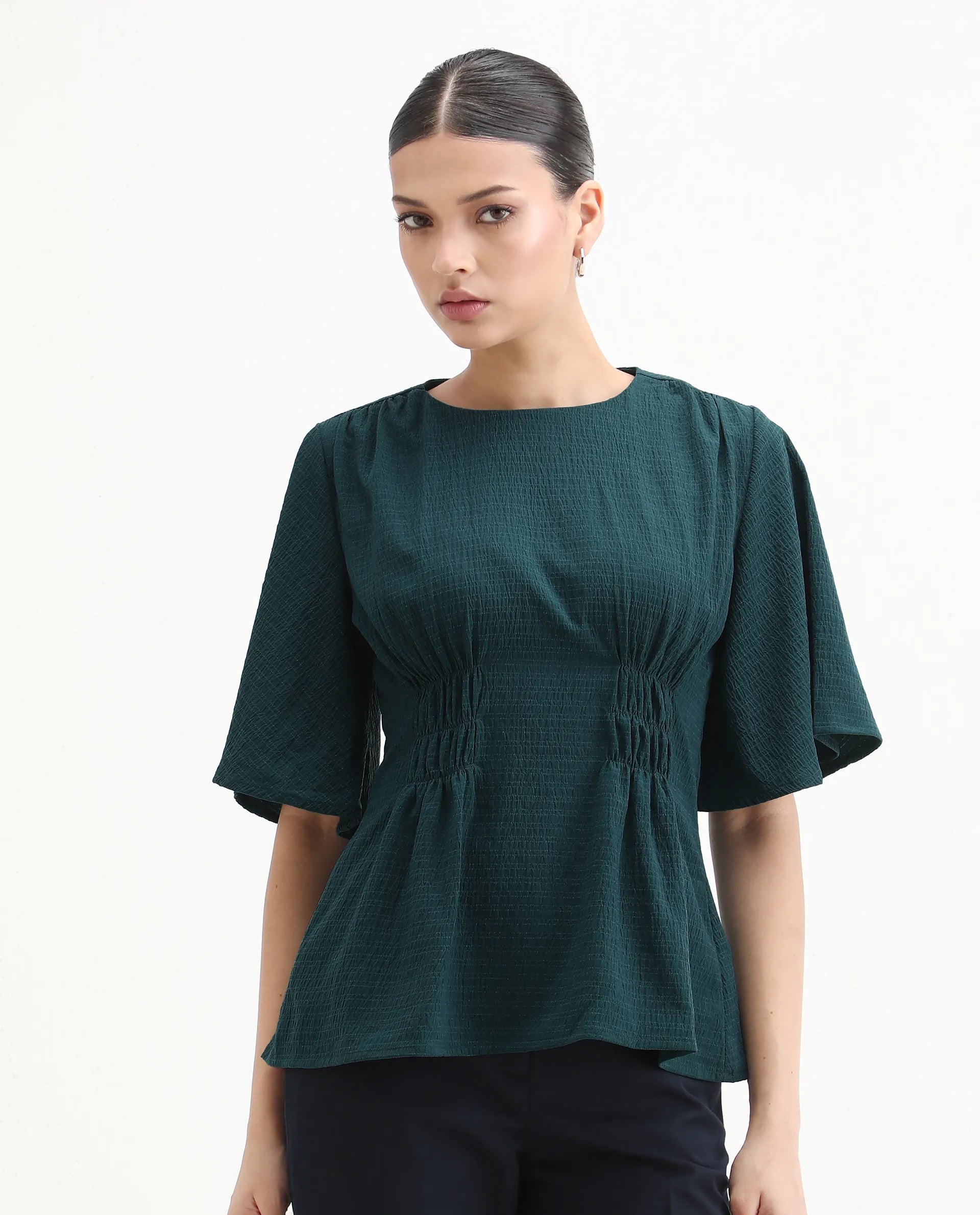 Rareism Women's Drin Petrol Polyester Crew Neck Plain Bell Sleeve Regular Fit Top