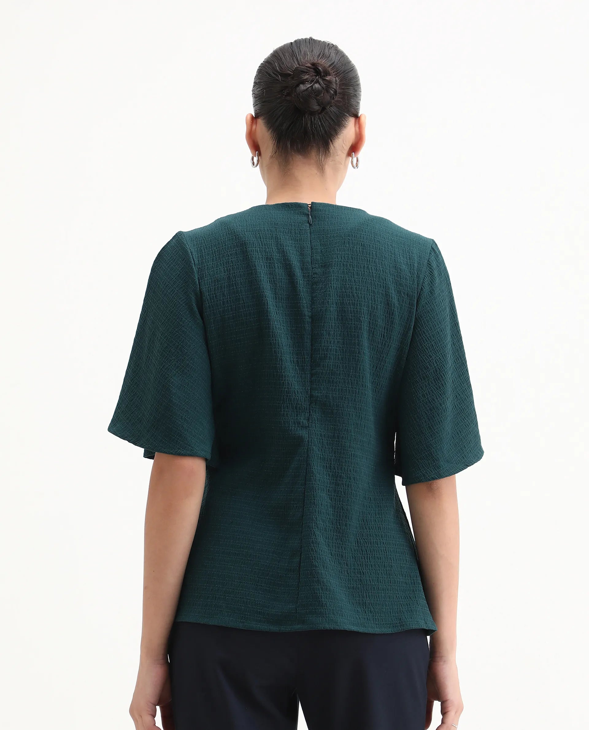 Rareism Women's Drin Petrol Polyester Crew Neck Plain Bell Sleeve Regular Fit Top