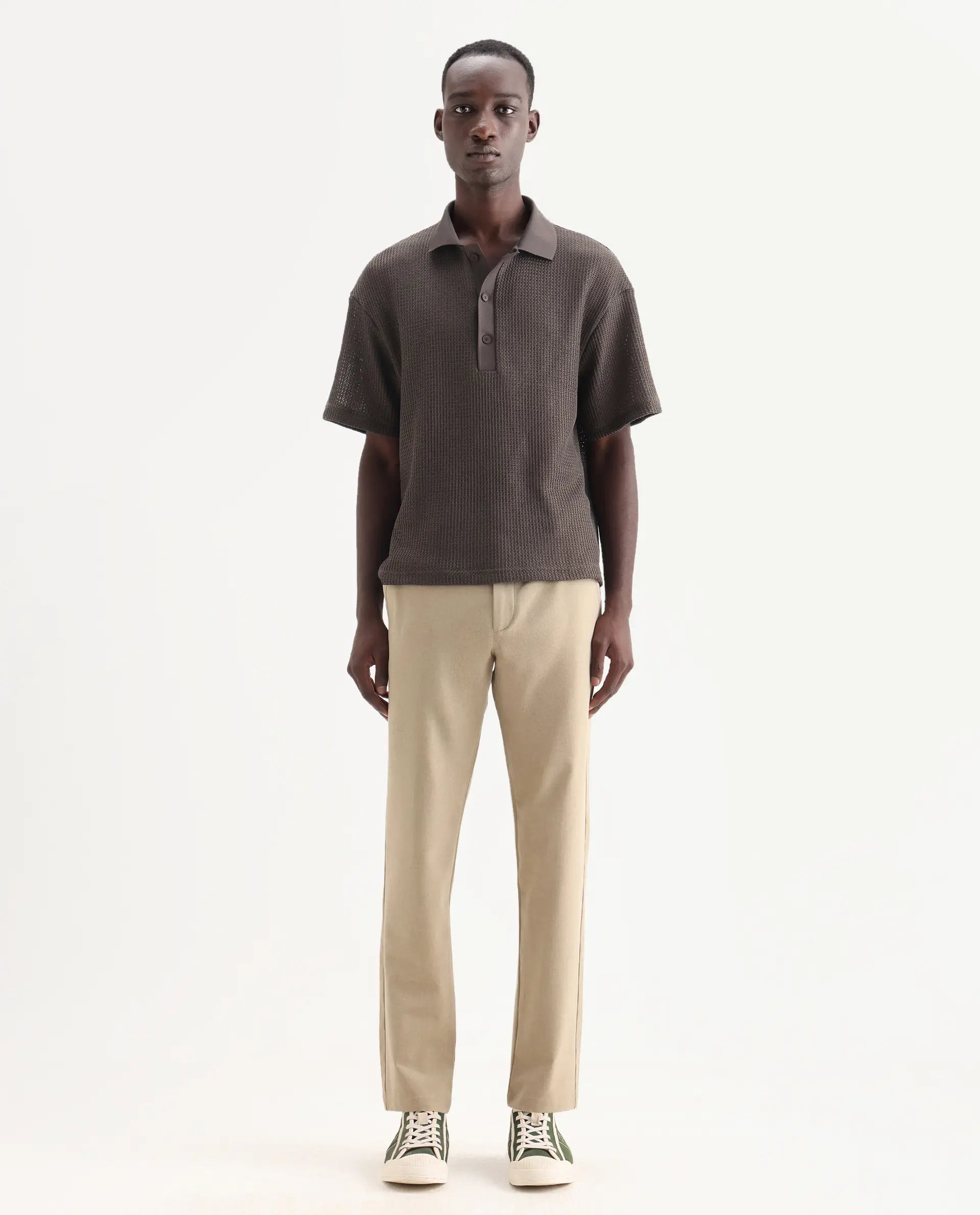 Rare Rabbit Men's Driver-Aw25 Khaki Polyester Blend Plain Regular Fit Trouser