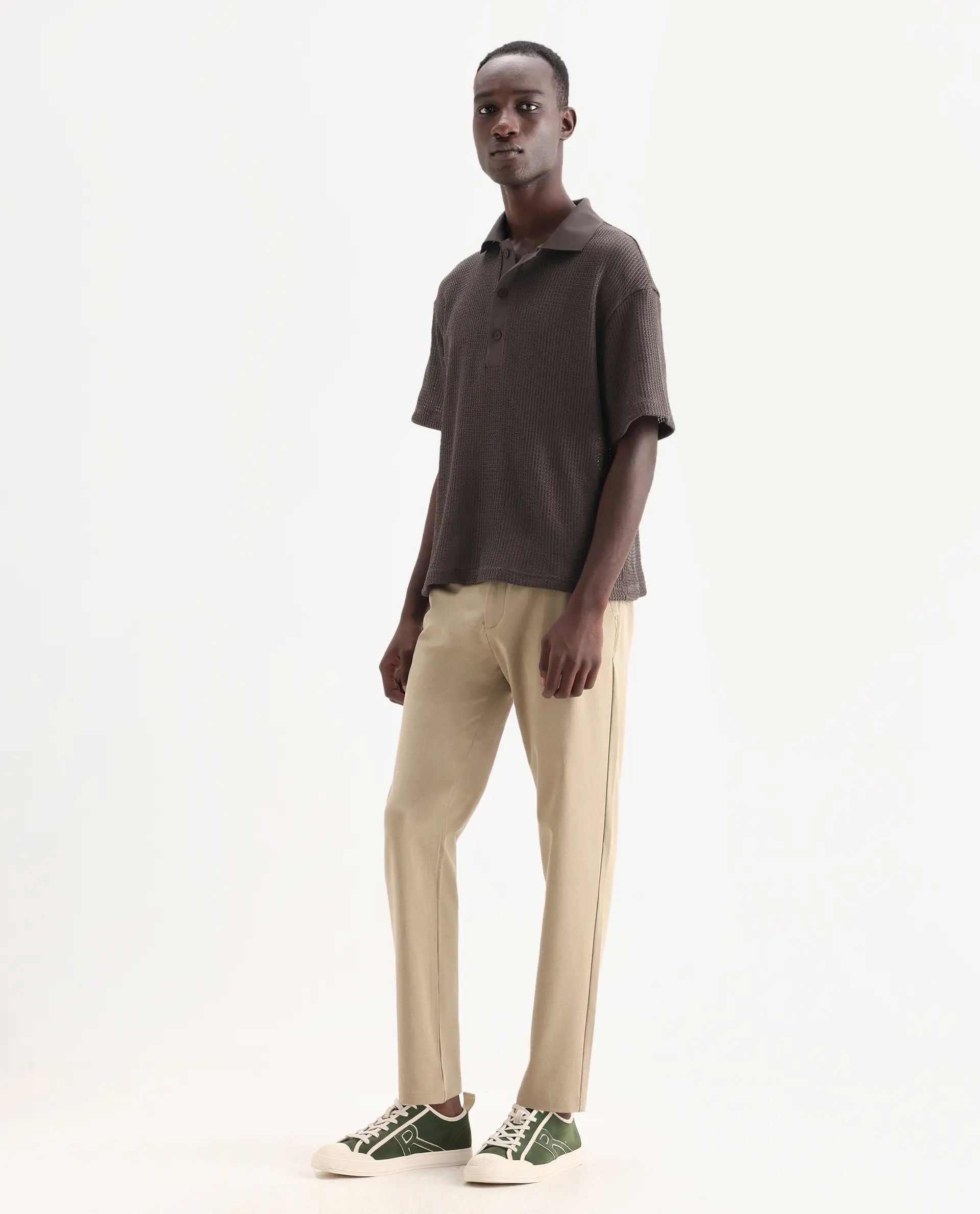 Rare Rabbit Men's Driver-Aw25 Khaki Polyester Blend Plain Regular Fit Trouser