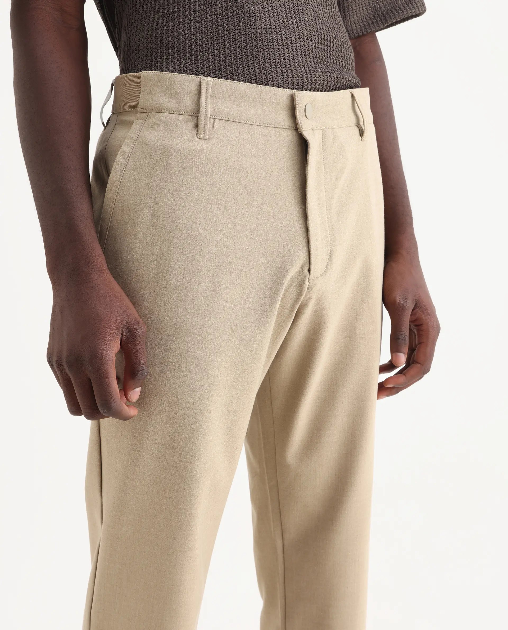 Rare Rabbit Men's Driver-Aw25 Khaki Polyester Blend Plain Regular Fit Trouser