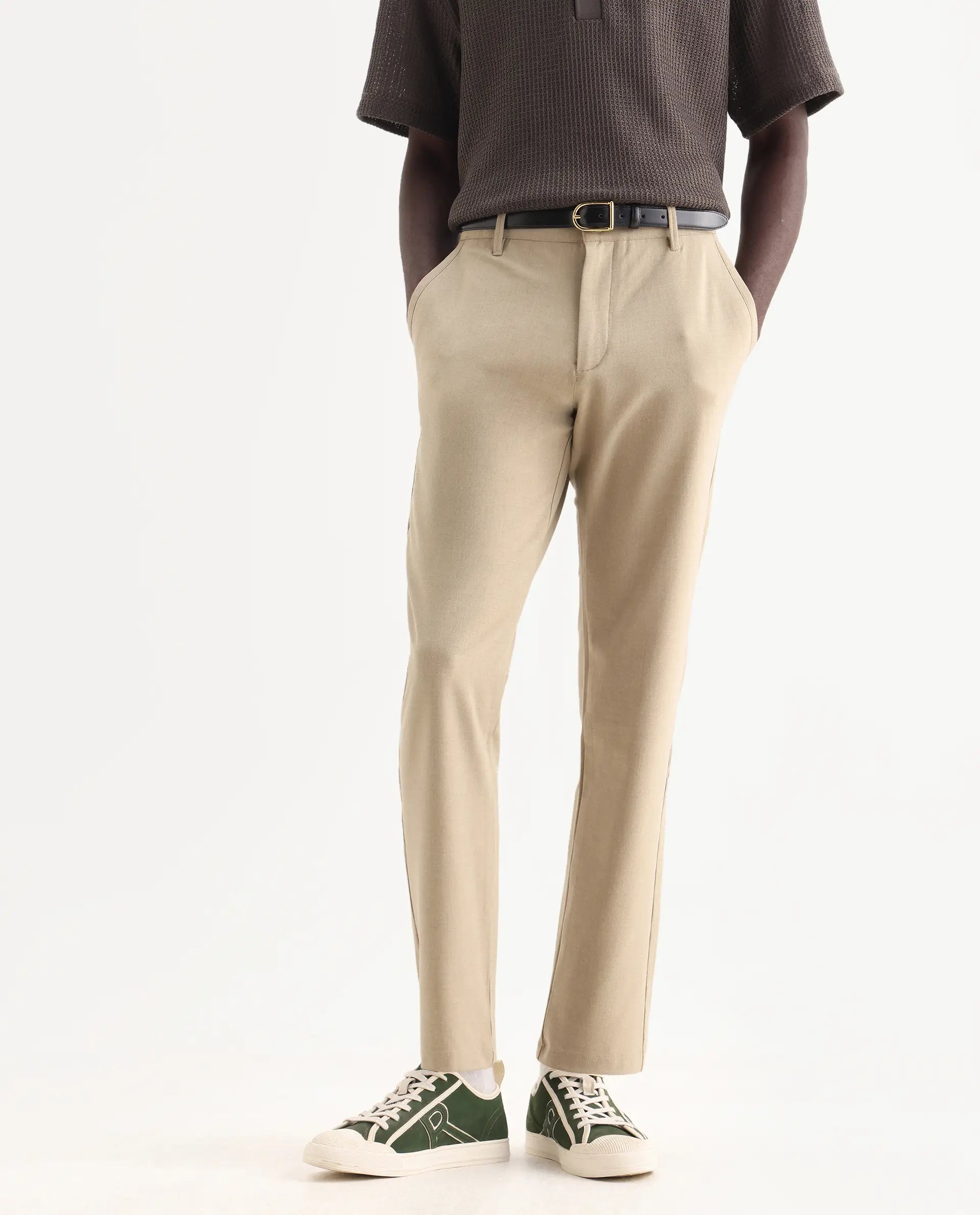 Rare Rabbit Men's Driver-Aw25 Khaki Polyester Blend Plain Regular Fit Trouser