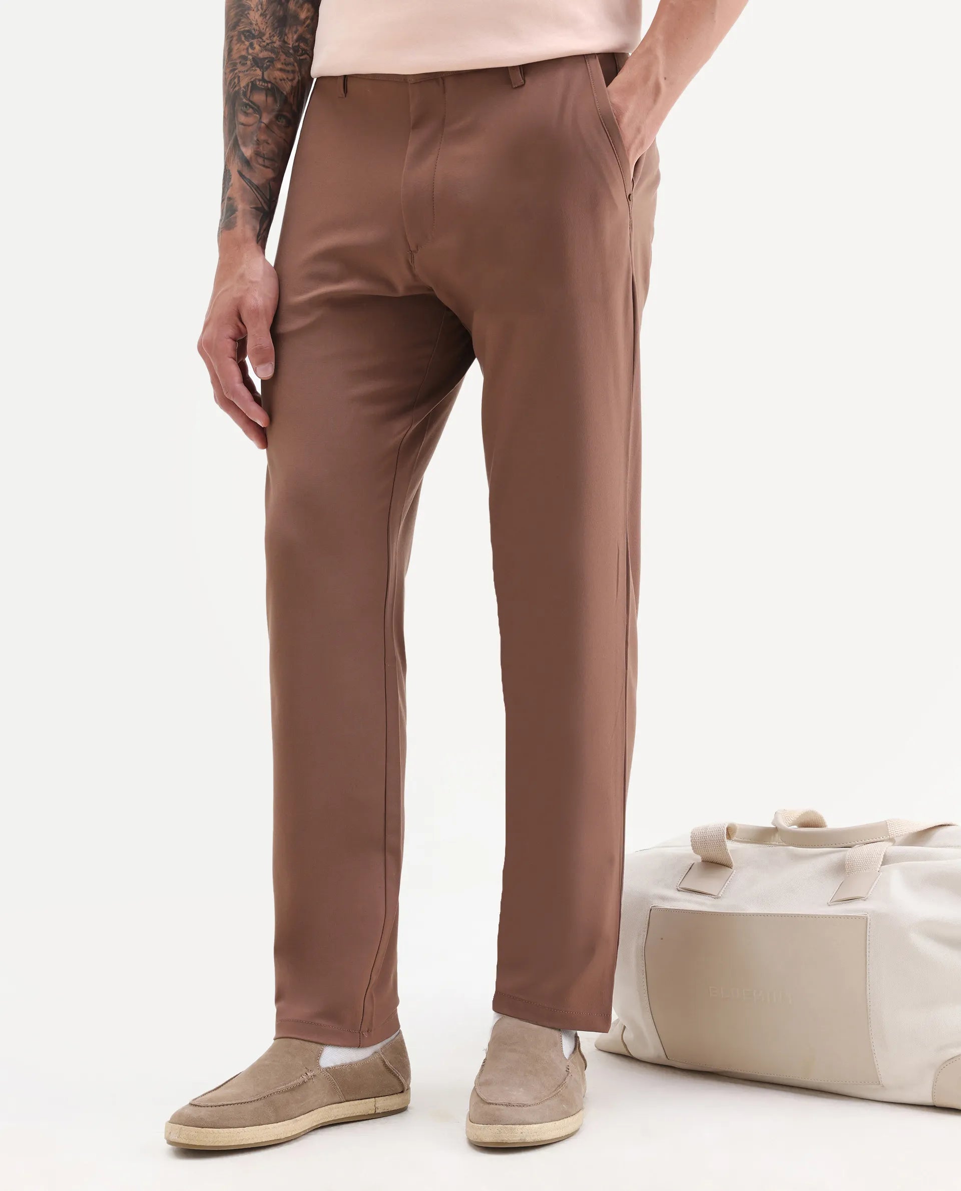 Rare Rabbit Men's Driver-2 Dusky Rust Polyester Blend Plain Regular Fit Trouser