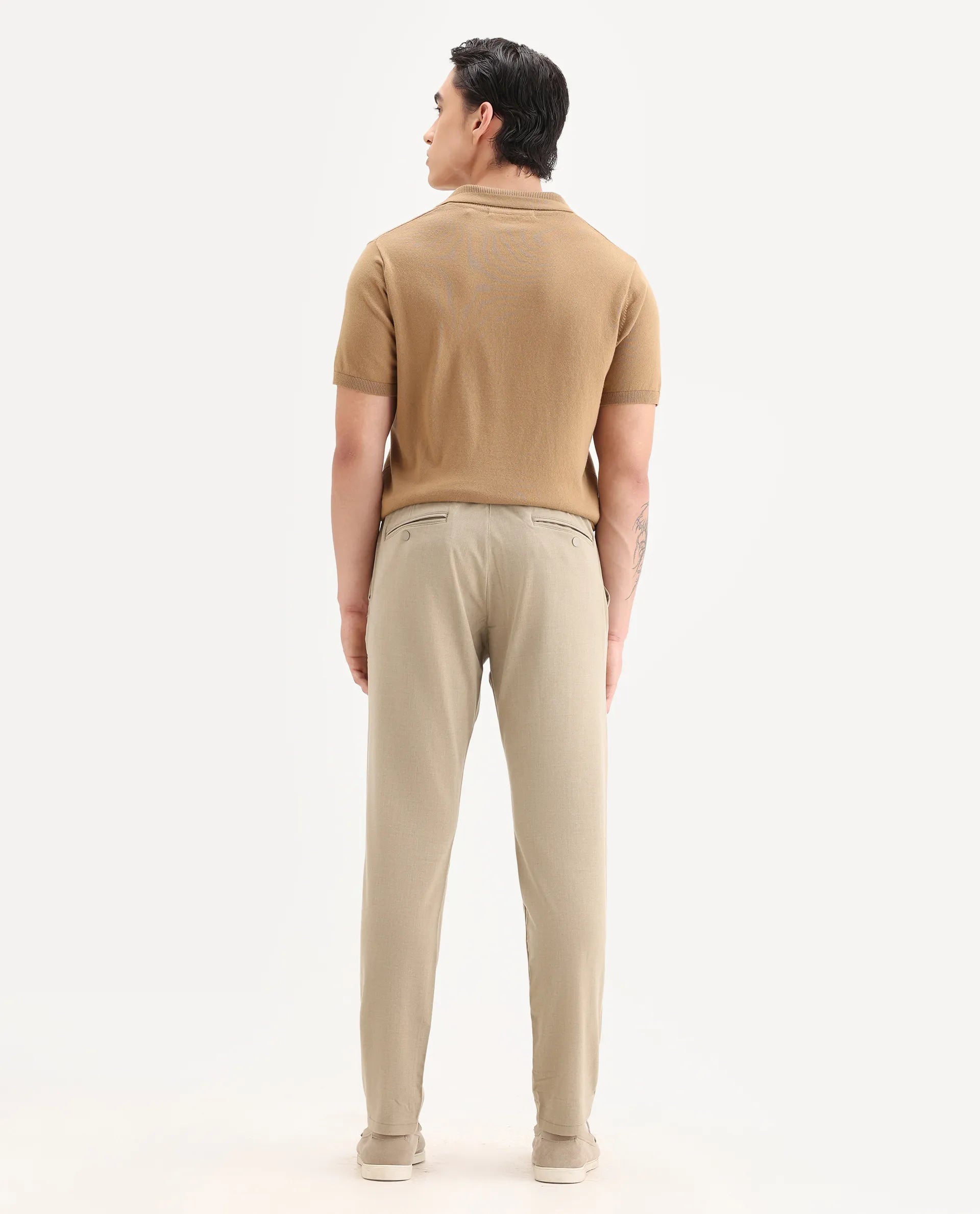 Rare Rabbit Men's Driver-2 Khaki Polyester Blend Plain Regular Fit Trouser