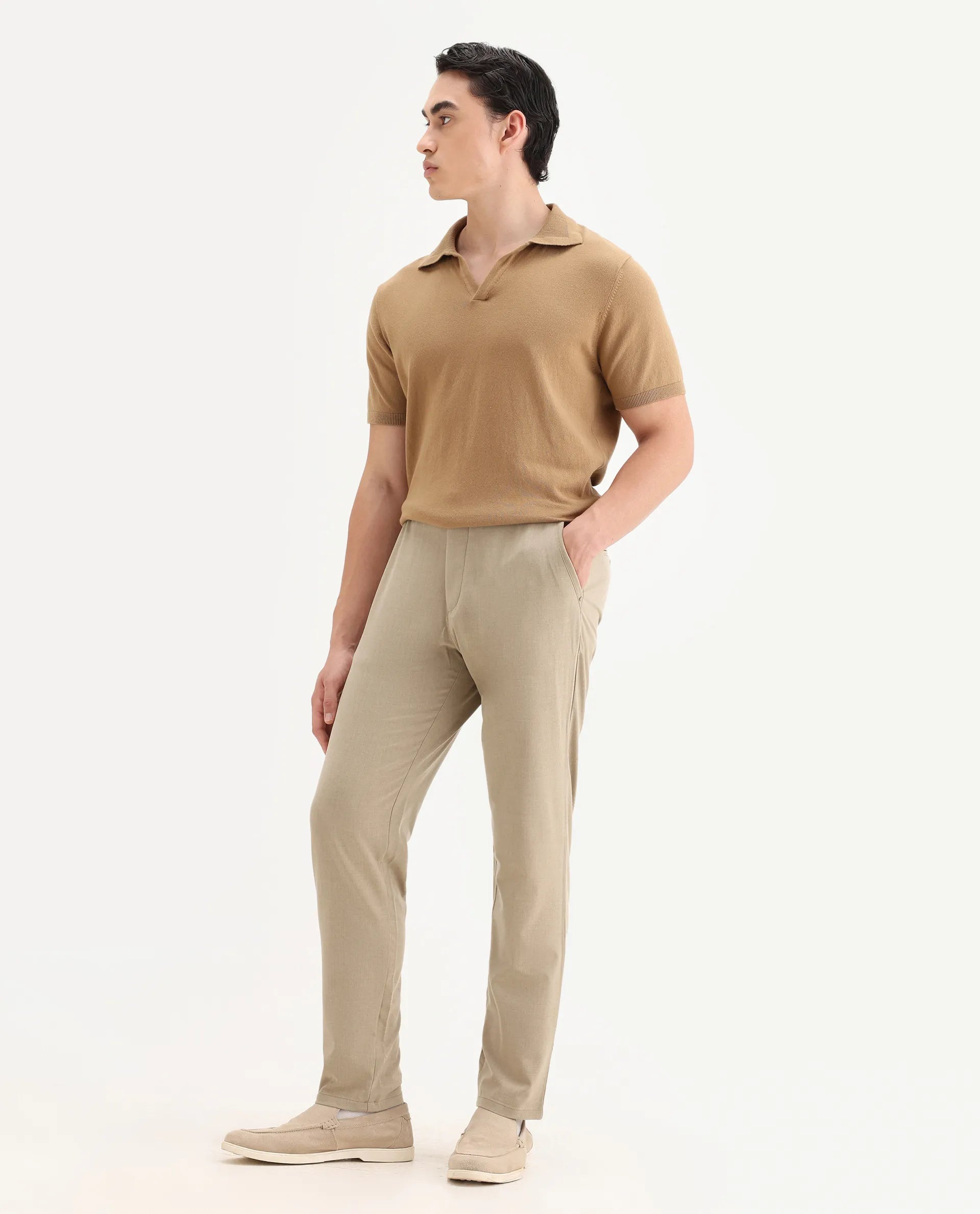Rare Rabbit Men's Driver-2 Khaki Polyester Blend Plain Regular Fit Trouser
