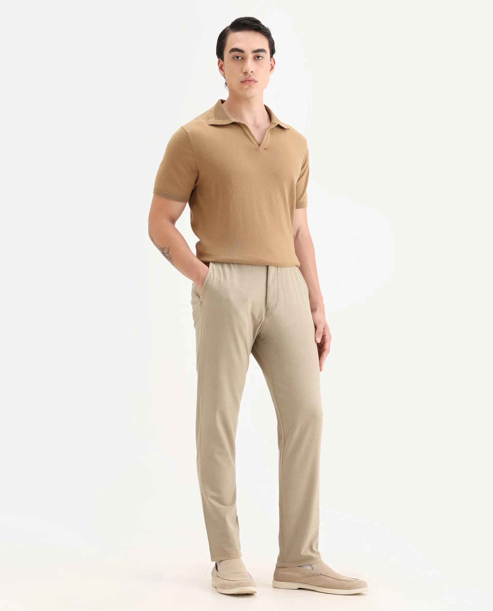 Rare Rabbit Men's Driver-2 Khaki Polyester Blend Plain Regular Fit Trouser