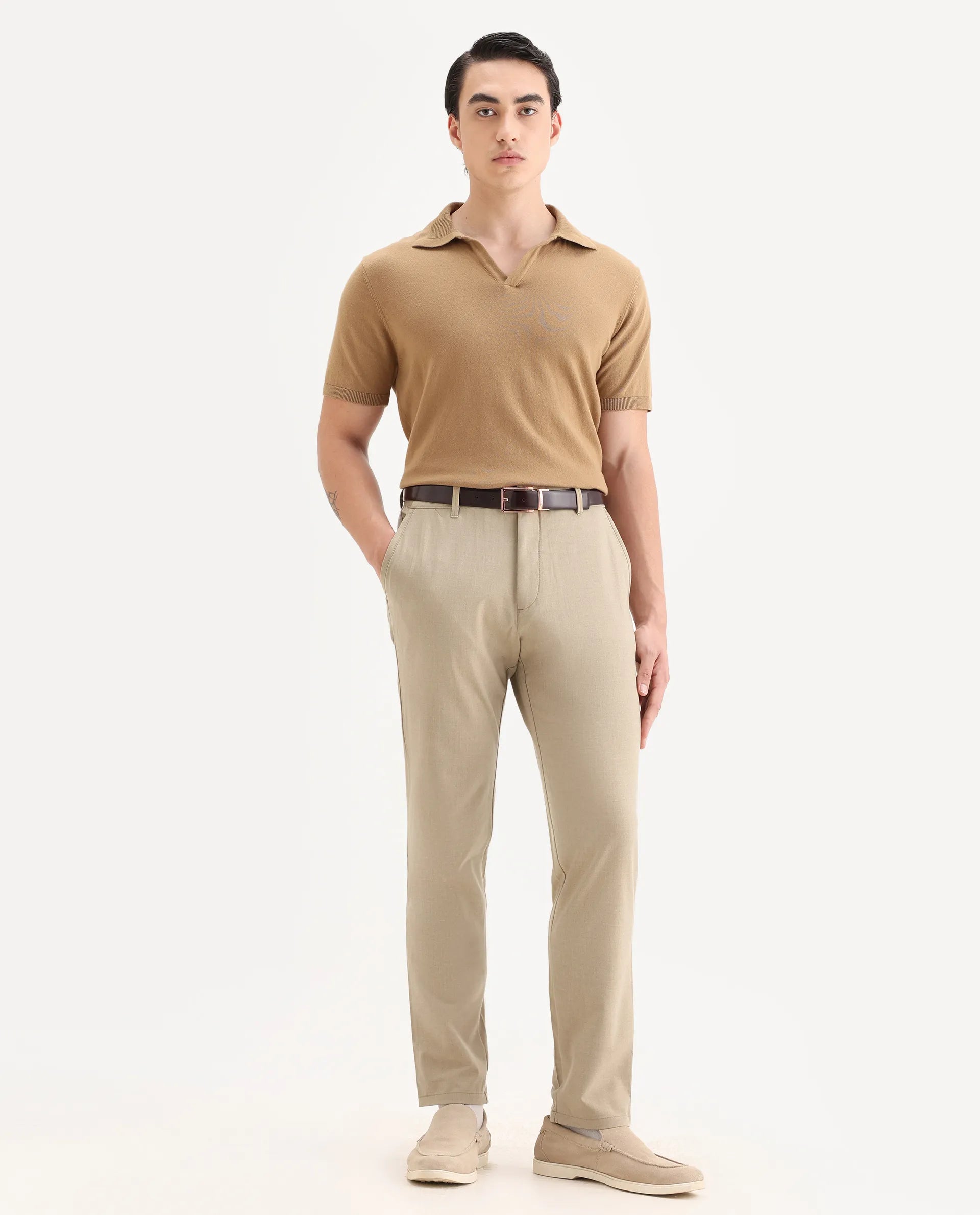 Rare Rabbit Men's Driver-2 Khaki Polyester Blend Plain Regular Fit Trouser