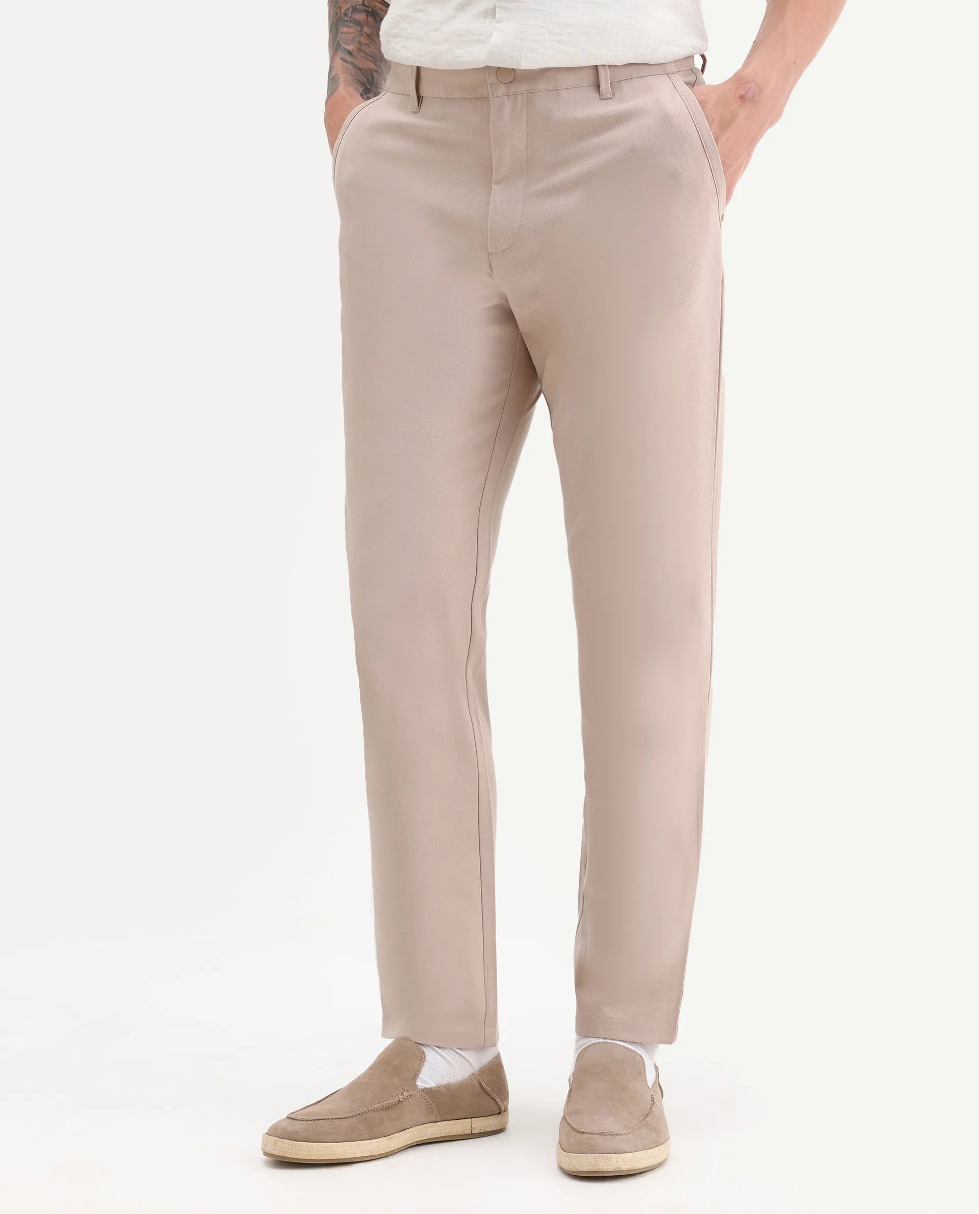 Rare Rabbit Men's Driver-2 Peach Polyester Blend Plain Regular Fit Trouser