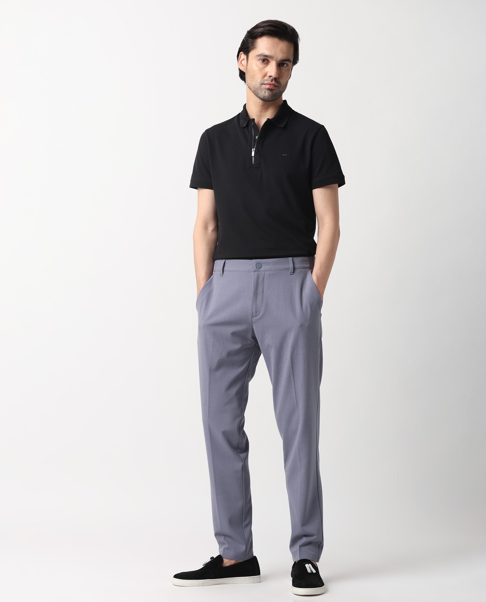 Rare Rabbit Men's Drivers Pastel Purple Mid-Rise Bi-Stretch With Elastic Waistband Regular Fit Trouser