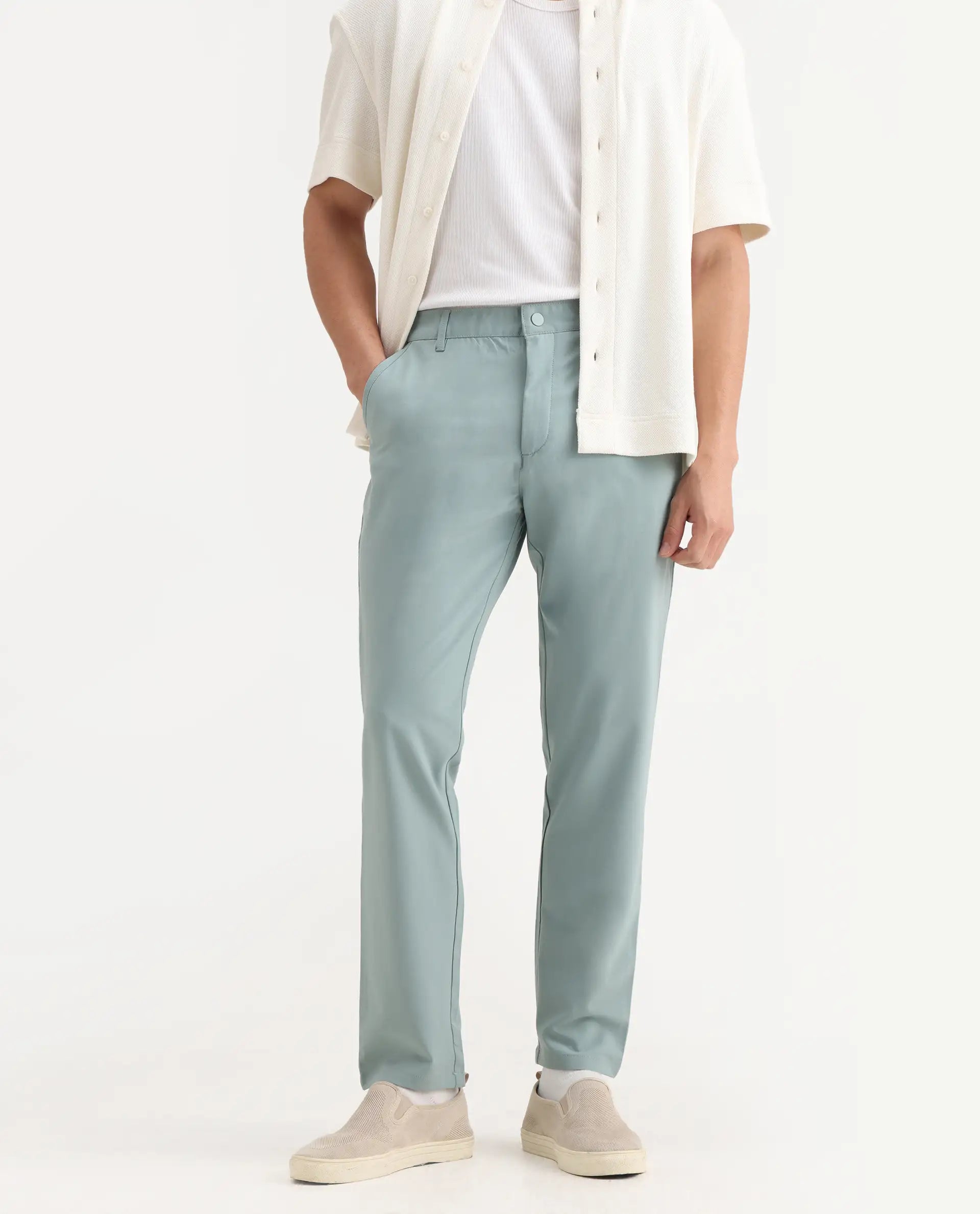 Rare Rabbit Men's Driver-2 Pastel Green Polyester Blend Plain Regular Fit Trouser