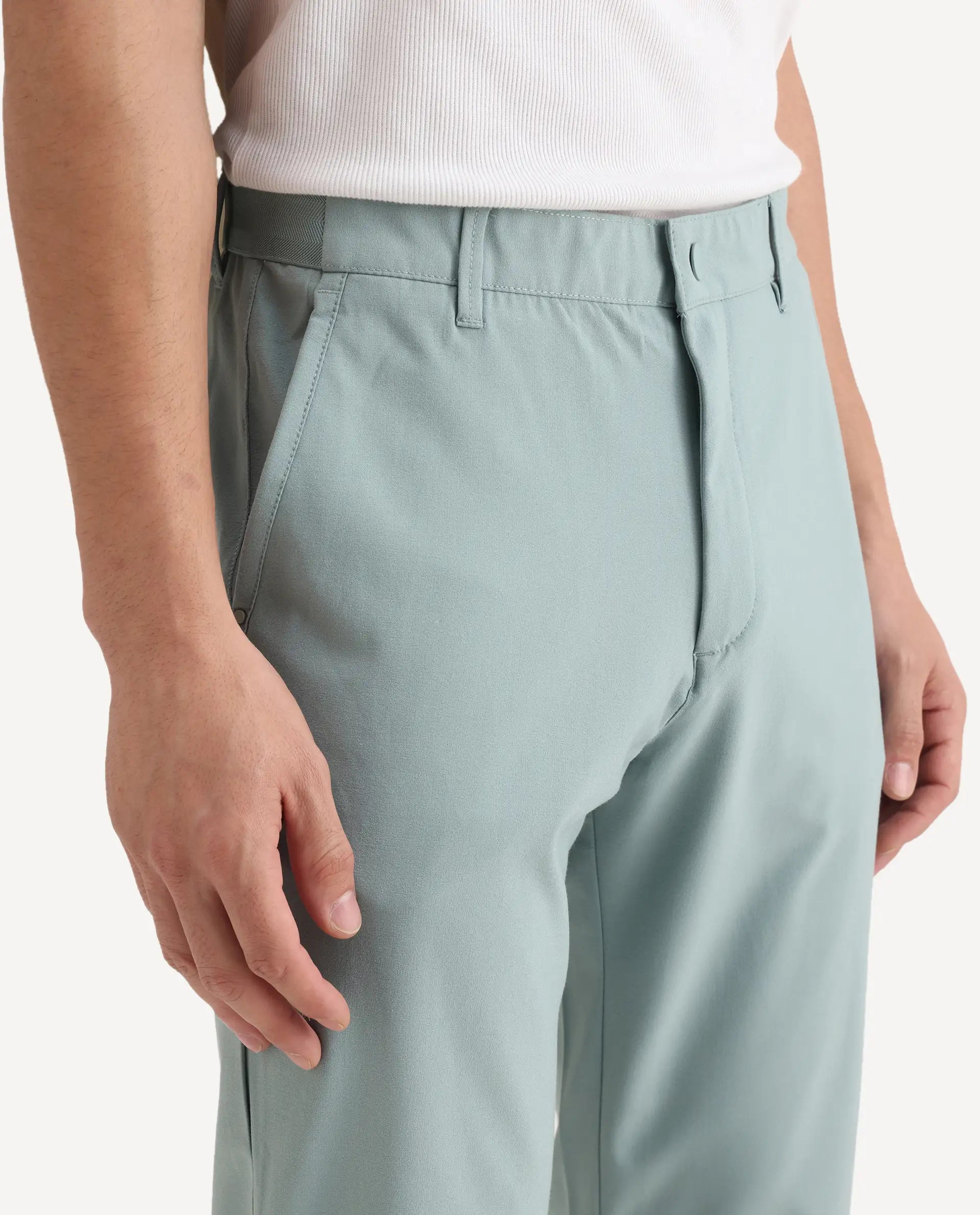 Rare Rabbit Men's Driver-2 Pastel Green Polyester Blend Plain Regular Fit Trouser