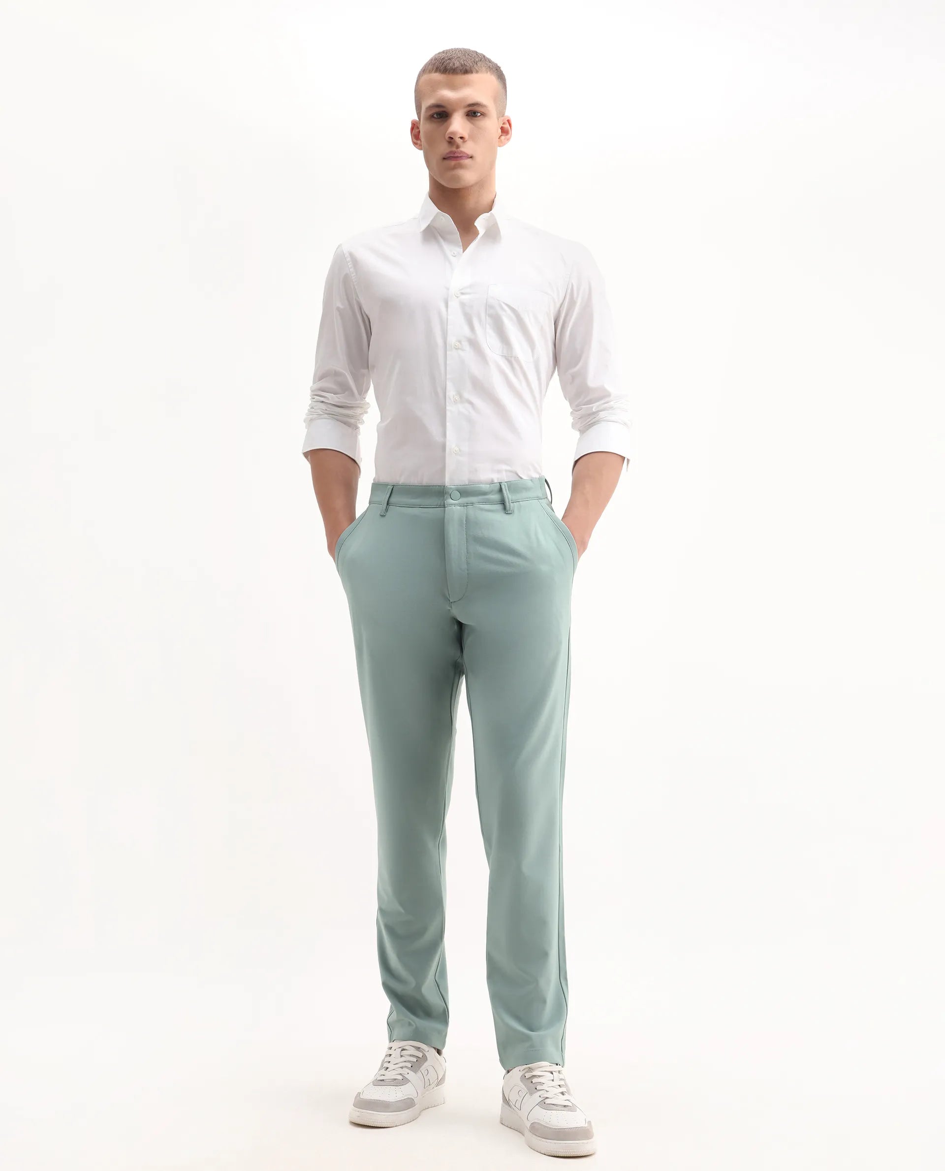 Rare Rabbit Men's Driver-Aw25 Pastel Green Polyester Blend Plain Regular Fit Trouser