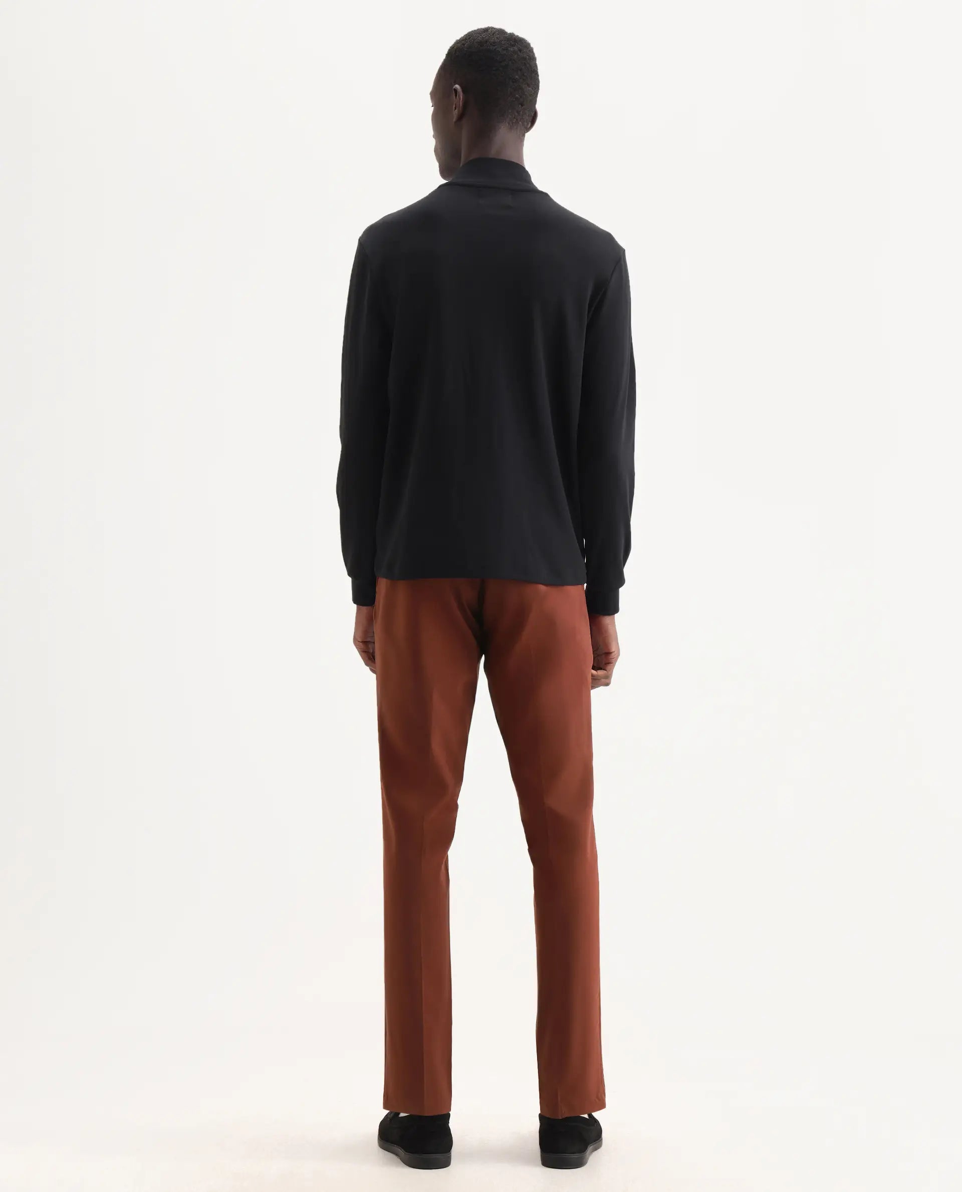 Rare Rabbit Men's Drivers Dark Rust Polyester Blend Plain Regular Fit Trouser