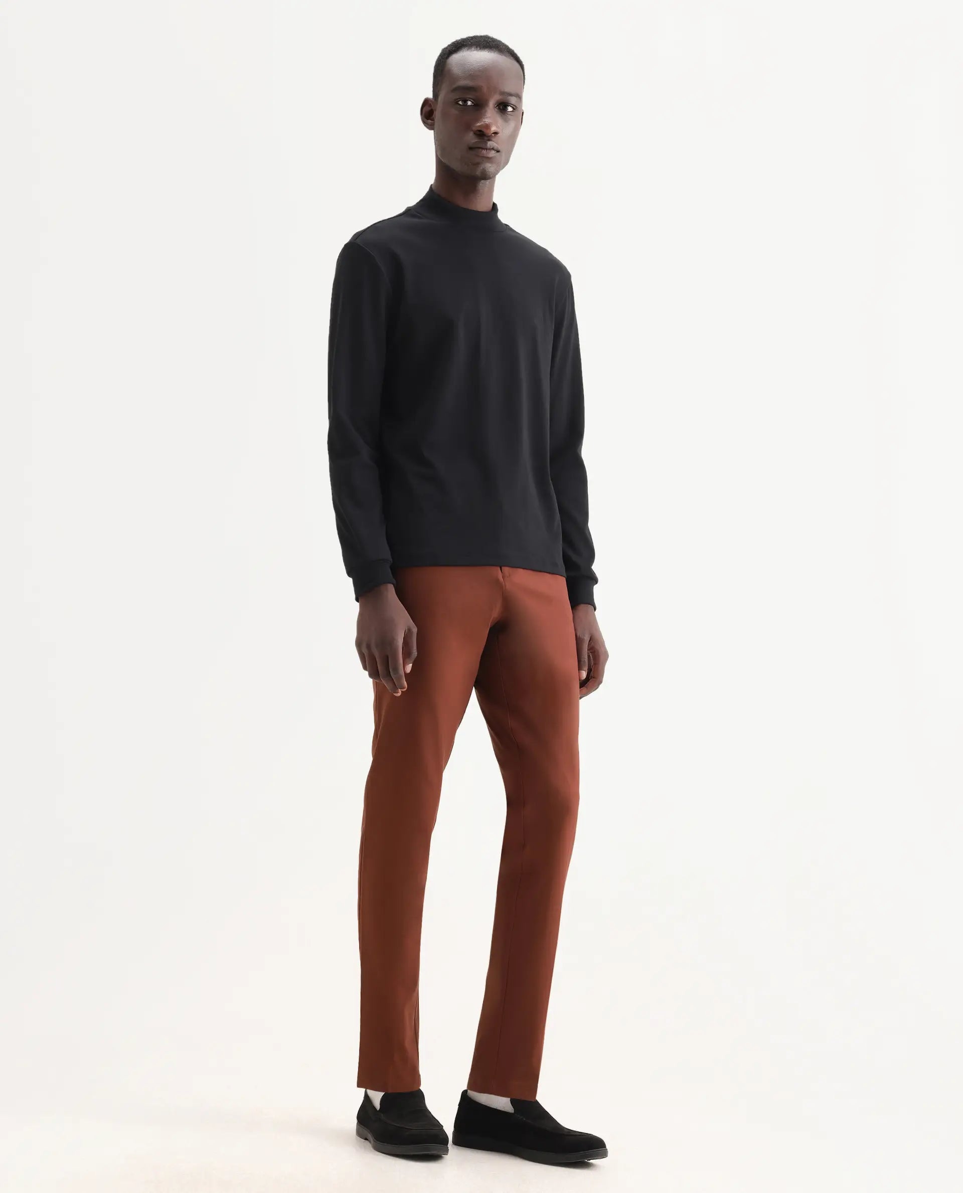 Rare Rabbit Men's Drivers Dark Rust Polyester Blend Plain Regular Fit Trouser