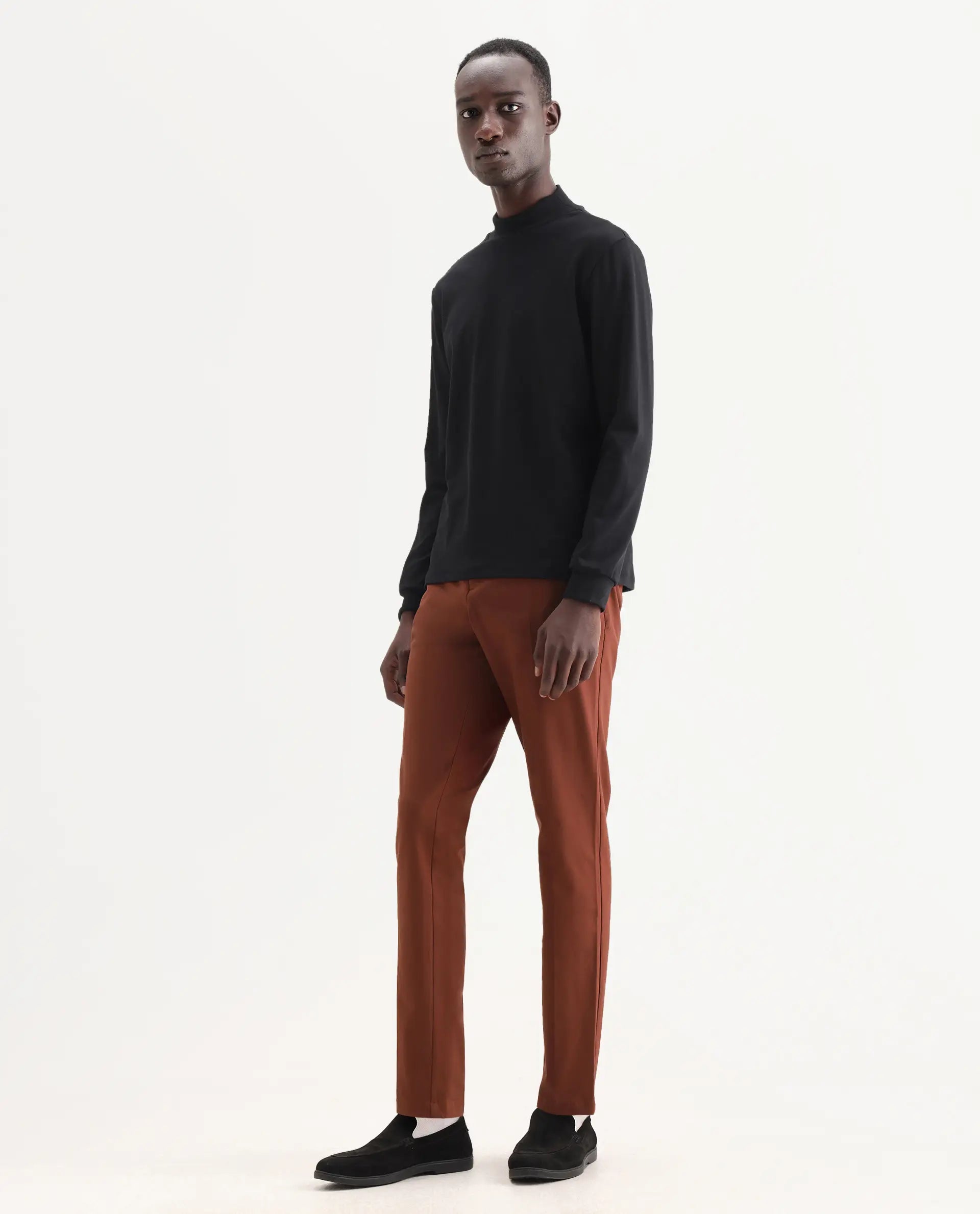 Rare Rabbit Men's Drivers Dark Rust Polyester Blend Plain Regular Fit Trouser