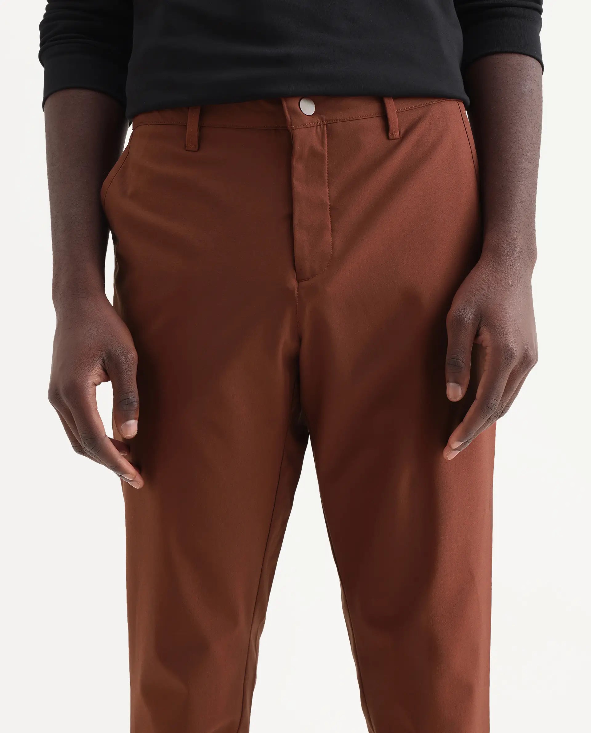 Rare Rabbit Men's Drivers Dark Rust Polyester Blend Plain Regular Fit Trouser