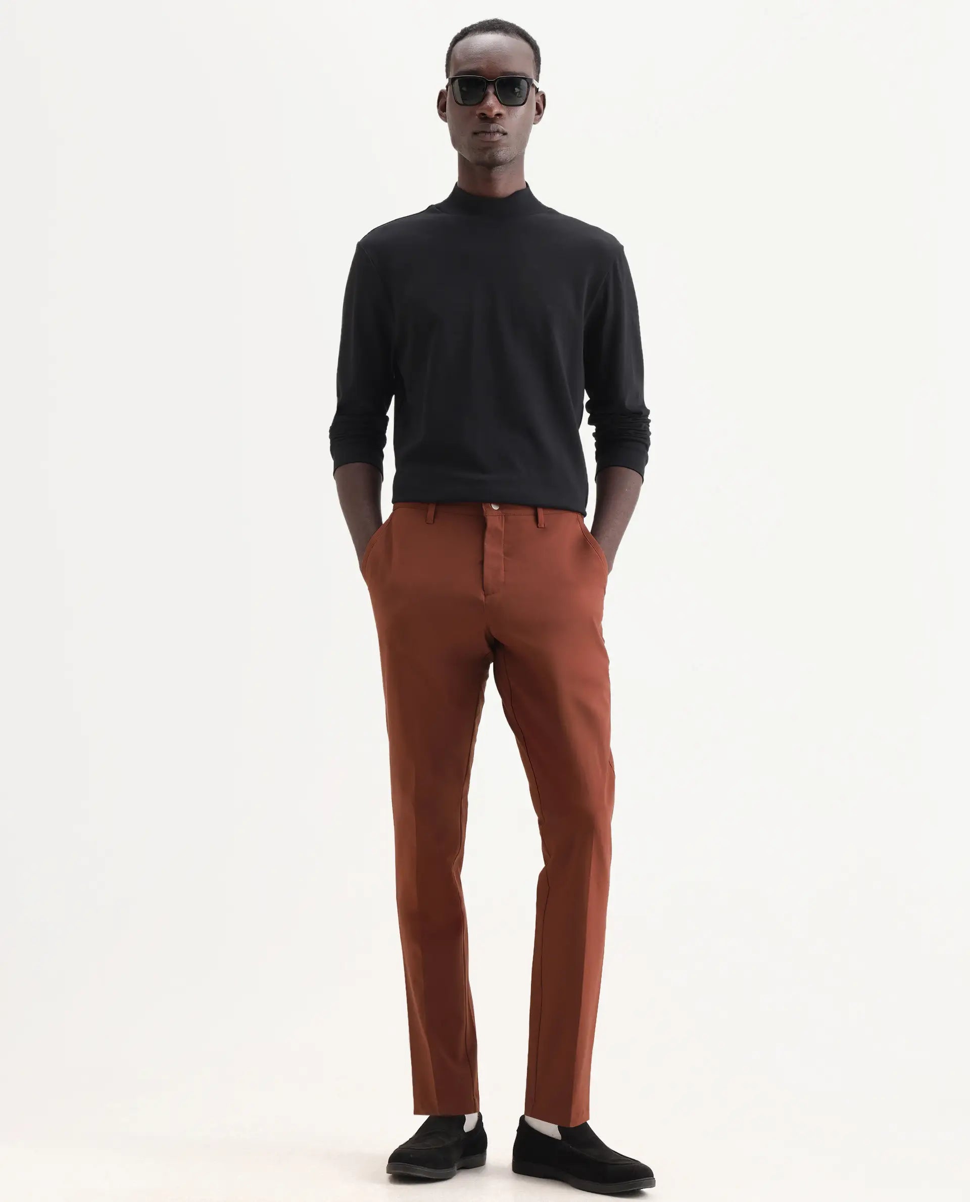 Rare Rabbit Men's Drivers Dark Rust Polyester Blend Plain Regular Fit Trouser