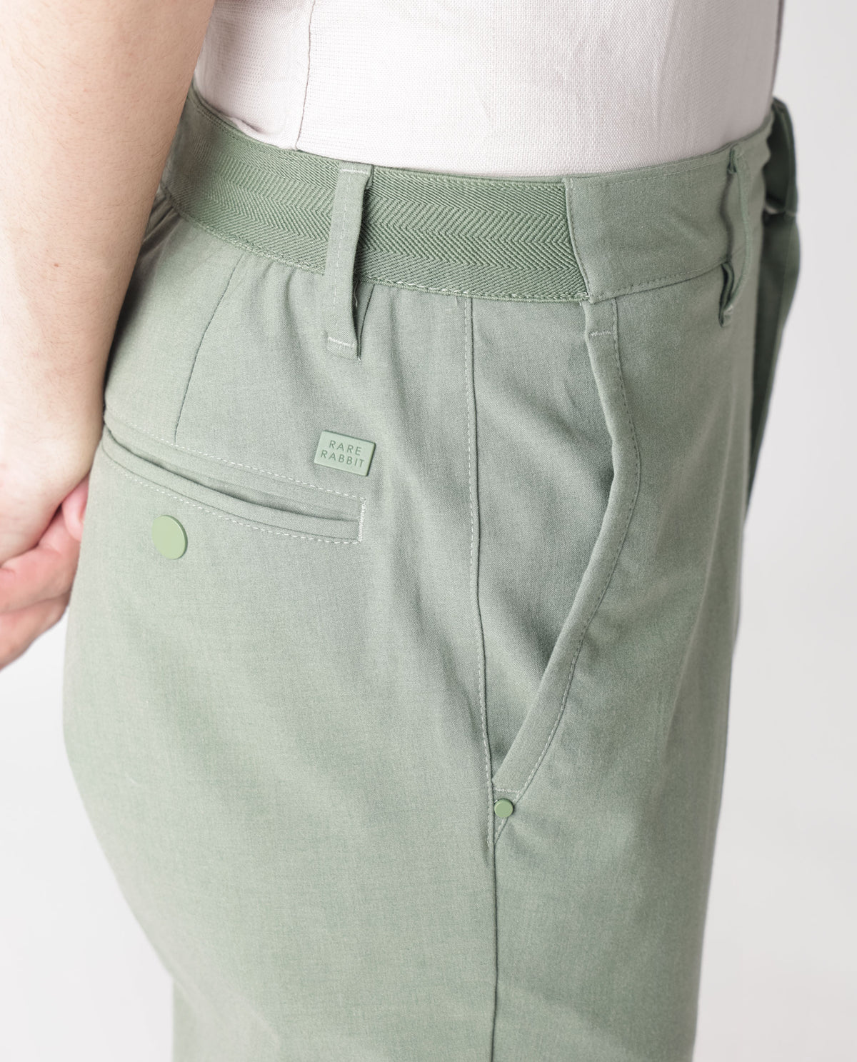 Rare Rabbit Men's Drivers Dusky Green Mid-Rise Bi-Stretch With Elastic Waistband Regular Fit Trouser