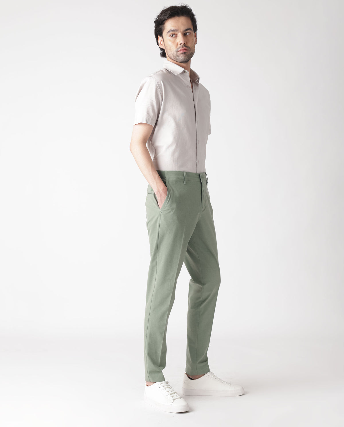 Rare Rabbit Men's Drivers Dusky Green Mid-Rise Bi-Stretch With Elastic Waistband Regular Fit Trouser